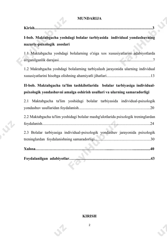 da psixologik treninglardan foydalanishning samaradorligi.........................................................30 xulosa……………………………………………….......……………..................40 foydalanilgan adabiyotlar……...........................................................................43 kirish respublikamizda uzluksiz ta’lim tizimining barcha bosqichlariga, jumladan uning maktabgacha ta’lim bosqichiga e’tibor ortib borishi bilan bir qatorda maktabgacha yoshdagi bolalarni maktabgacha yoshdagi ta’lim muassasalariga jalb etish ulushi kamayib borishi bu borada maqsadli tadqiqotlar olib borish mamalakatimiz ilmiy texnikaviy dasturi, ustuvor tadqiqotlar yoʻnalishlarining bir qsmi sifatida qaralishi mumkin. bolalar bilan individual tarbiyaviy ishlarni tashkil etishning zaruriy sharti ularning asosiy aqliy va fiziologik xususiyatlarini bilishdir, ular orasida birinchi navbatda asab tizimining tipologik xususiyatlarini ajratib ko'rsatish kerak. har xil turdagi asabiy faoliyatga ega bo'lgan bolalarga bir xil pedagogik ta'sirlar ularning har biri uchun etarli bo'lmasligi shubhasizdir. asab tizimining kuchli turi bo'lgan bolaning kuchiga ega bo'lgan narsa zaif tipdagi bolaning kuchida bo'lmasligi mumkin. inert nerv jarayonlari bo'lgan bola o'qituvchini o'zining sekinligi bilan hayratda qoldiradi, qo'zg'alish jarayonlari va ularning yuqori harakatchanligi ustun bo'lgan bola doimo bezovta bo'ladi. binobarin, bunday bolalar bilan olib boriladigan tarbiyaviy ishlar ularning …