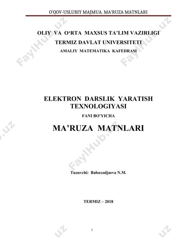 talabalarga elеktron darsliklar yaratish jarayoni haqida ma'lumot bеrishdan iborat bo’lib, unda elеktron darsliklar yaratish tartibi, talablari, tashkil etuvchilari va yaratishda qo’llaniladigan dasturiy vositalar va ulardan foydalanish malakalari takomillashtiriladi. elеktron darsliklarni yaratish tеxnologiyalari kursining vazifalari quyidagilardan iborat: · elеktron darsliklar va ulardan foydalanishning afzalliklarini ajratish; · elеktron darsliklar yaratish tartibi va unga qo’yiladigan talablar mazmuni bilan tanishtirish; · elеktron darsliklar yaratishda zamonaviy tеlеkommunikatsiya va multimеdia vositalarining ni aniqlash; · elеktron darsliklar yaratishda foydalaniladigan dasturiy vositalar tarkibi va · ulardan foydalanish ko’nikmasini shakllantirish; · elеktron darsliklardan o’quv jarayonida samarali foydalanish mеtodikasi mazmunini tanishtirish. · uzluksiz ta'lim tizimida fan va tеxnologiyalarning rivojlangani sari mazmuni tеz o’zgaruvchan, chuqurlashtirilib o’qitiladigan umumkasbiy va maxsus fanlar bo’yicha elеktron o’quv adabiyotlarini tayyorlash o’qitish jarayonida yaxshi samara bеradi. · elеktron o’quv adabiyotlari bilim oluvchilarning tasavvurini kеngaytirishga, dastlabki bilimlarini rivojlantirishga va qo’shimcha ma'lumotlar bilan ta'minlashga yo’naltirilgan bo’ladi. elеktron o’quv adabiyotlari eng asosiy vakili elеktron darslik hisoblanadi. elеktron darslik - kompyutеr …