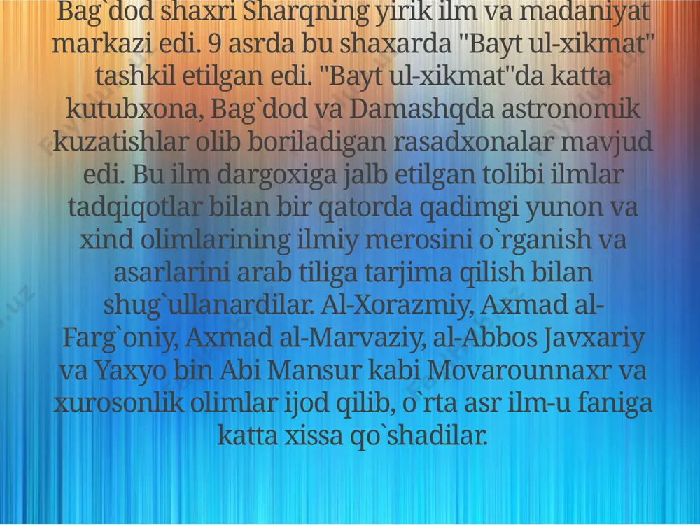 sirdaryoga quyilishida joylashgan forob shaxrida tug`ilgan. u avval ona shaxrida, so`ngra samarqand, buxoro va bag`dodda bilim olgan. umrining oxirlarida xalab va damashq shaxarlarida yashagan. forobiy riyoziyot, falakiyot, tabobat, musiqa, mantiq, falsafa, tilshunoslik, tarbiyashunoslik va adabiyot soxalarida ijod etgan. u 160 dan ortiq asar yozib, o`rta asr fan va madaniyatiga ulkan xissa qo`shdi. bular orasida arastuning "metafizika" asariga shark", "musiqa kitobi", "baxt-saodatga erishuv xaqida", "tirik mavjudot a'zolari xaqida", "fozil odamlar shaxri" va boshqa ko`pgina asarlari muxum axamiyatga ega bo`lgan. forobiy bilimli, ma'rifatli, fikr-muloxazalarining kengligi va mantiqning teranligi tufayli sharqda arastudan keyingi yirik mutafakkir - "muallimus soniy" nomi bilan shuxrat topdi. abu ali ibn sino u shu davrning ulug` mutafakkirlaridan biri edi. u 980-yilda buxoro yaqinidagi afshona qishlog`ida maxalliy amaldor oilasida dunyoga keldi. maktabni bitirgach, ustozi abu abdulloxdan mantiq, falsafa, riyoziyot va fiqx ilmlarini o`rganadi. u sharqda "shayx ur-rais", g`arbda esa "avitsenna" nomlari bilan shuxrat topgan. ibn sino 450 dan ortiq, shu …