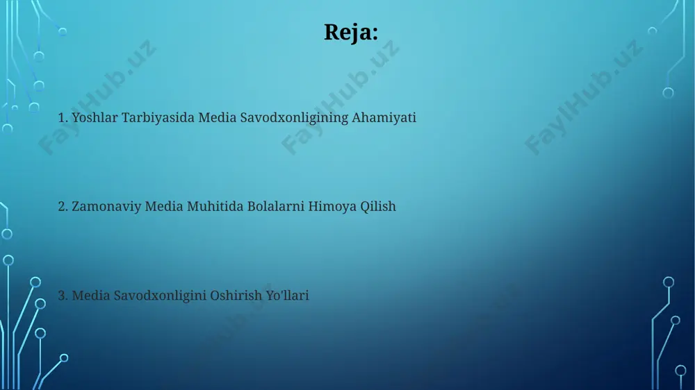 amlakatlarda media savodxonligini rivojlantirishga yordam beradi. dezinformatsiya va yolg'on xabarlar 2022-yilda o'zbekistonda tarqalgan dezinformatsiyaning 70% siyosiy mavzularda bo'lib, bu esa ijtimoiy tarmoqlarda 5 millionga yaqin foydalanuvchini chalg'itgan. rossiya va ukraina o'rtasidagi urush davrida tarqalgan yolg'on xabarlarning 30%i, tahlilchilarning fikricha, qrim yarim oroli voqealari bilan bog'liq bo'lib, bu esa xalqaro munosabatlarga salbiy ta'sir ko'rsatdi. amaliy mashg'ulotlar va o'yinlar samarqand viloyatida 15 nafar o'quvchi ishtirok etgan media savodxonligi bo'yicha amaliy mashg'ulotlarda, 3 ta turli voqea haqidagi yangiliklarni taqqoslash orqali yolg'on axborotni aniqlashga o'rgatildi. 10 yoshgacha bo'lgan bolalar uchun toshkentdagi bolalar bog'chasida o'tkazilgan amaliy mashg'ulotlarda 5 ta turli media manbalaridan foydalanib, axborotni tanqidiy tahlil qilish ko'nikmalarini rivojlantirishga qaratilgan o'yinlar qo'llanildi. tanqidiy fikrlashni rivojlantirish 2023-yilgi tadqiqotlar shuni ko'rsatdiki, andijonda tanqidiy fikrlash ko'nikmalariga ega bo'lgan o'quvchilarning 90% ga yaqini internetdagi noto'g'ri ma'lumotlarga kamroq moyil bo'lishgan. tanqidiy fikrlashni rivojlantirish bo'yicha 5 bosqichli model (tahlil, baholash, sintez, qo'llash, yaratish) toshkentdagi oliy o'quv yurtlarida qo'llanilib, talabalarning 85% da …