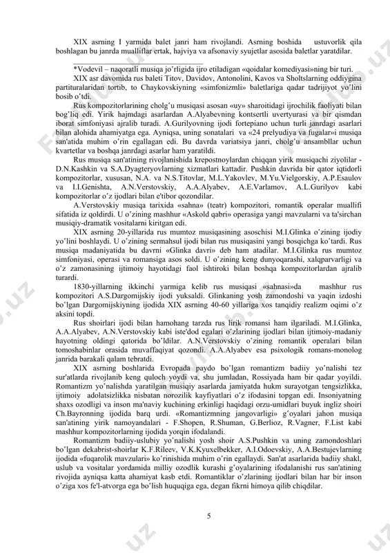 boshladi. jamiyatda sodir bo‛layotgan voqea-hodisalar rivoji tarixda va keyinchalik ijtimoiy-siyosiy hayotda muhim o‛rin egallagan dekabristlar harakatiga kuchli «turtki» berdi. dekabristlar harakati rus san'ati tarixida chuqur iz qoldirdi, ilg‛or g‛oyalar, xususan, rus jamiyatida ko‛plab iqtidor sohiblarining ijodiy o‛sishi uchun ham zamin hozirladi. shu zaminda ulug‛ rus shoiri a.s.pushkinning ijodiy faolligi oshdi. dekabristlar qo‛zg‛oloni arafasida pushkin o‛zining «boris godunov» nomli ilk realistik xalqchil tragediyasini, griboedov esa «aqllilik balosi» komediyasini yaratdi. qolaversa, dekabristlar qo‛zg‛oloni tufayli jamiyatda ko‛tarinkilik kayfiyati yuzaga keldi, ijodiy faollik ortdi, she'riyat janri misli ko‛rilmagan darajada gurkirab o‛sdi. xix asr boshlarida ijod etgan kompozitorlar teatr janri sohasida ko‛plab asarlar yaratdilar. ilk musiqali teatr janri asarlarini k.kavosning «ko‛rinmas shoh», «pahlavon ilya» nomli ertak operalari va vatanparvarlik ruhidagi «ivan susanin» operasi, v.a.ozerovning «edip afinada» va «fingal» nomli fojiaviy (o.a.kozlovskiy musiqasi) asarlari, s.a.dyagterevning «minin va pojarskiy» oratoriyalari tashkil etgandi. bu davrda vodevil* janriga oid engil musiqali komediyalar ommalashdi. bu borada a.a.shaxovskiyning «shoir kazak» pesasi …