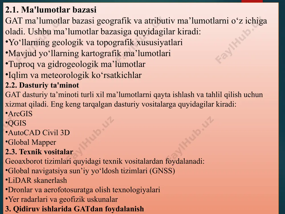 ri va ekotizimga ta’sir geologik va gidrogeologik sharoitlar 3.3. monitoring va nazorat yo‘llarni qurish va ekspluatatsiya qilish jarayonida gat real vaqt rejimida monitoring olib borish imkonini beradi. bu esa vaqt va mablag‘ni tejashga yordam beradi. 4. xulosa avtomobil yo‘llarini qidiruv ishlarida geoaxborot tizimlarining qo‘llanilishi yo‘llarni samarali loyihalashtirish va qurish imkonini beradi. geoaxborot tizimlari yordamida hududning tabiiy sharoitlarini tahlil qilish, optimal yo‘nalishlarni tanlash va monitoring olib borish mumkin. kelajakda sun’iy intellekt va katta ma’lumotlar (big data) texnologiyalarining joriy etilishi bilan gat imkoniyatlari yanada kengayishi kutilmoqda. 4 5 оraliq nazorati ucun cavollar; 1.qidiruv ishlarida joyning kosmik siyomka qilish 2. qidiruv ishlarida joyning kosmik siyomka qilish 3 qidiruv ishlarida aero foto siyomka va ularni qayta ishlash. 4 qidiruv ishlarida aero foto siyomka va ularni qayta ishlash. 5-qidiruv ishlarida geoaxborot tizimlari asoslari -geoaxborot tizimlarining rivojlanish tarixi. 6 qidiruv ishlarida geoaxborot tizimlari asoslari 7-geoaxborot tizimlarining rivojlanish tarixi vaqtingizni olganim uchun uzur 6 e’tiboringiz uchun rahmat …