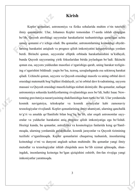 sayyoralar harakatining dinamikasini tushunishda va ularning orbitalarini hisoblashda muhim ahamiyatga ega bo‘lib, astronomik kuzatuvlar bilan mustahkamlangan. uchinchi qonun, orbital davr va sayyora bilan quyosh orasidagi masofa o‘rtasidagi matematik bog‘liqlikni ifodalaydi. bu qonun, orbital davr kvadratining, sayyora massasi va quyosh orasidagi masofa kubiga nisbati doimiy ekanligini bildiradi. bu qonun yordamida, sayyoralar orasidagi masofa va ularning harakat davri o‘rtasidagi bog‘liqlik aniqlanadi va ularning harakatini hisoblashda juda qulay bo‘ladi. bu qonun, shuningdek, quyosh tizimining tuzilishini o‘rganishda va yangi sayyoralarni aniqlashda asosiy rol o‘ynaydi. kepler qonunlari, shuningdek, isaac newtonning gravitatsiya nazariyasining rivojlanishiga katta hissa qo‘shdi. newton, bu qonunlarning matematik asoslarini ishlab chiqib, ularni umumiy gravitatsiya qonuniga aylantirdi. bu esa, sayyoralar va boshqa obyektlarning harakatini kengroq, yer va kosmik miqyosda tushunishga imkon berdi. kepler qonunlari, astronomlar va fizika olimlari uchun, kosmik jarayonlarni aniqlash va prognoz qilishda asosiy metod va nazariy asos bo‘lib xizmat qiladi. ushbu qonunlarning amaldagi qo‘llanilishi, kosmik navigatsiya, teleskoplar va kosmik missiyalar uchun …