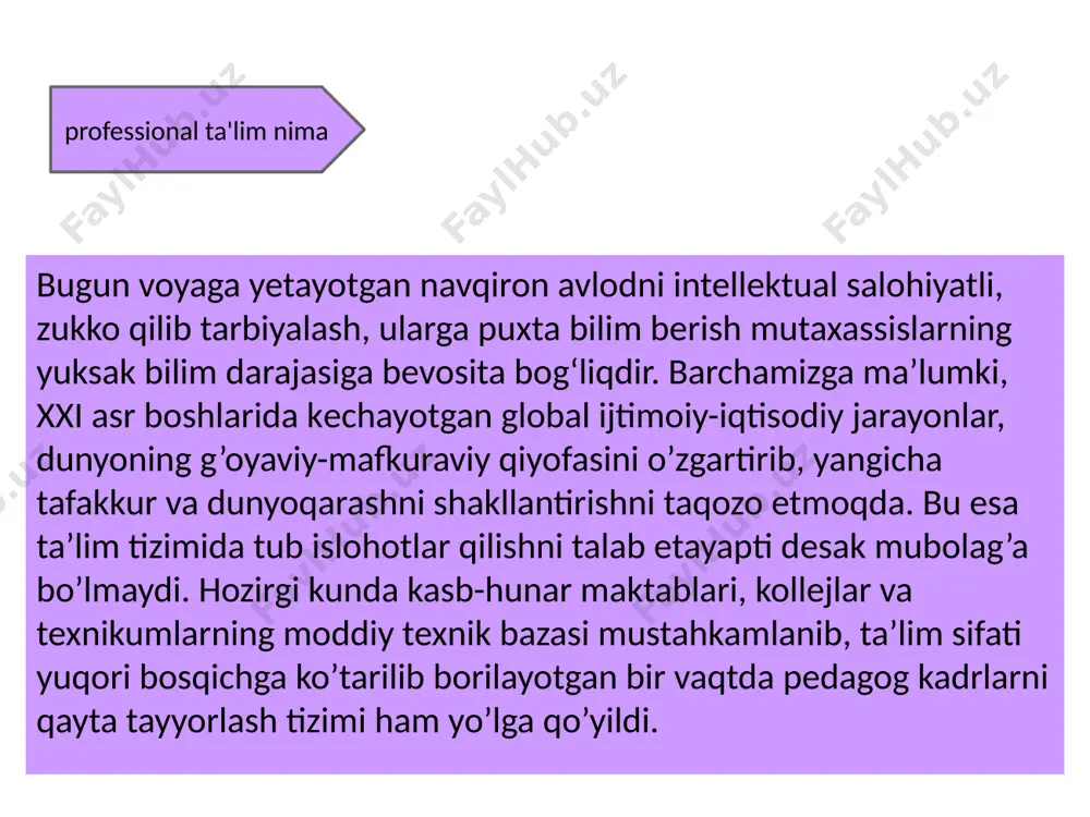 amalga oshirishning asosini tashkil etadi. professional ta’lim tizimining maqsadi va talabi — professional ta’lim muassasalarida o‘qigan yoshlar aniq ish o‘rniga, o‘z kasbi bo‘yicha zarur bilim va ko‘nikmaga ega bo‘lishi shartligidadir. ayni vaqtda ushbu tizim oldida o‘quv adabiyotlari, kitob va darsliklar, elektron ta’lim resurslari, innovatsion, raqamlashtirilgan ta’lim texnologiyalarini to‘liq yangilash, ochiq elektron resurslar tarmog‘iga ulash, o‘quv adabiyotlarini xorijiy davlatlardan olib kelish, qayta ishlash, chop etish va tarqatish, kelajak kutubxonalari va auditoriyalarini yaratish muhim vazifa etib belgilangan. farmonga muvofiq, professional ta’lim muassasalari maqsad va vazifalaridan kelib chiqib, quyidagi toifalarga ajratildi: birinchi toifa — ta’limning xalqaro standart tasniflagichining 3-darajasiga mos keluvchi dasturlar asosida 9-sinf bitiruvchilari tarkibidan yoshlarning professional ta’lim olishini ta’minlaydigan 340 ta kasb-hunar maktabi. ikkinchi toifa — ta’limning xalqaro standart tasniflagichining 4-darajasiga mos keluvchi dasturlar asosida iqtisodiyot tarmoqlarini kompleks rivojlantirish, xorijiy investitsiyalarni jalb qilish, strategik muhim ahamiyatga ega loyihalar asosida yaratiladigan yangi ish o‘rinlarini uchinchi toifa — ta’limning xalqaro standart tasniflagichining 5-darajasiga …