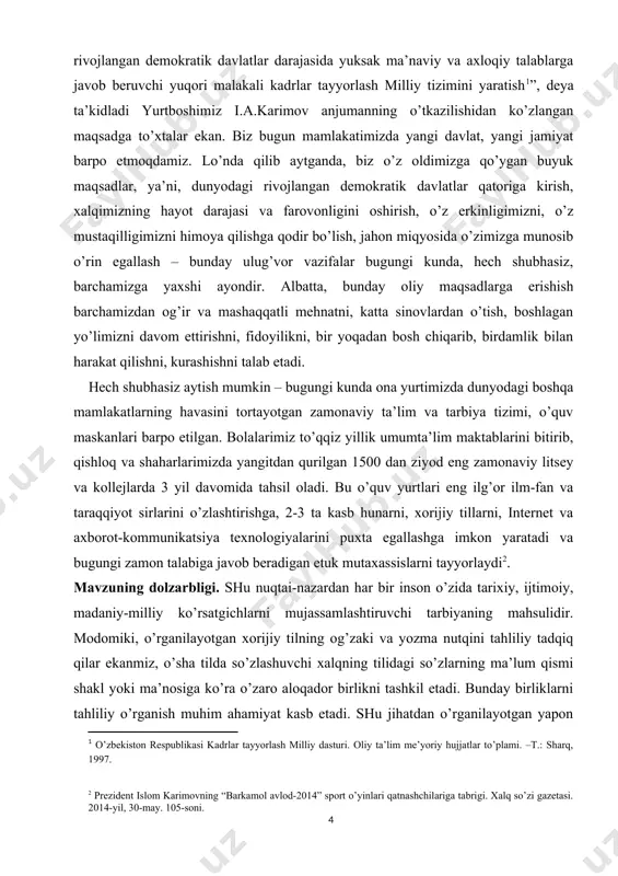 uchun quyidagi maqsadlarni qo’ydik: -yapon, o’zbek tilida nashr qilingan darsliklar va o’quv-uslubiy adabiyotlarda maqolni talqini, ularni qo’llash usullarini aniqlash va tasnif qilish; - tarixiy asarlarni tahlil qilish orqali biz ularning ma'lum bir tarix va madaniyatda yashovchi ijtimoiy tarkibiy qismlarda shaxs sifatida ishlaydigan insoniy qarashni aniqlashga hissa qo'shishini; kurs ishining ob’ektlari va manbalari. tadqiqotni bajarishda yapon tilini nazariy va amaliy o’qitishda foydalanilayotgan darsliklar, o’quv-uslubiy qo’llanmalar va mashqlar to’plamlari, shuningdek yaponva o’zbek tilida nashr etilgan badiiy adabiyotlar asosiy manba bo’lib xizmat qildi. turli xalqlarning bir-birlarini tanishda, bilishda, bilvosita va bevosita millatlararo muloqotlarda insonning o’ziga xos-milliy jihatlariga e’tibor berilgan. qadim zamonlarda ham tarixchilar, sayyohlar, qomusiy bilimga ega mutafakkirlar (stabon, abu rayxon beruniy, mikluko maklay, r.g. de klaviko) qoldirgan asarlar, ijtimoiy-falsafiy, axloqiy ta’limotlarda ham boshqa xalqlar hayotini qiyosiy o’rganish yo’nalishi mavjud edi. bu esa aslida, boshqacha tarbiya-milliy tarbiyaning tizim, uslublari, maqsadlaridagi xususiyliklarni ilmiy nuqtai-nazardan o’rganish davri boshlanganligini anglatar edi. 1-bob. 1-bob. yapon adabiyoti. rivojlanish …