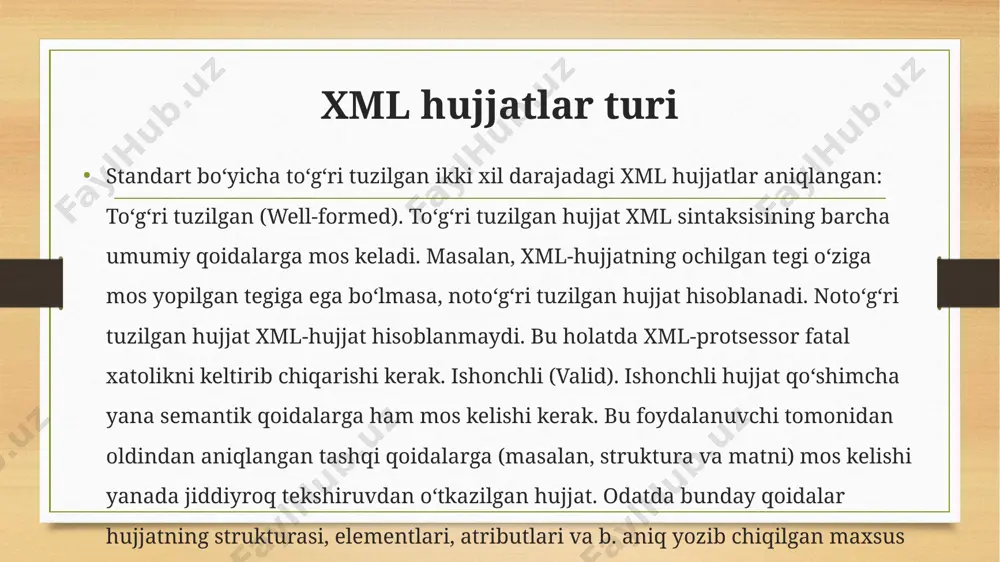 yalash va har-xil cheklovlardan xoli bo‘lgan oddiy tekst; xml hech qanday platformalarga bog‘liq emas; binar formatlardan farqli o‘laroq, xml ob’ektni ta’riflaydigan nomlar, tiplar va sinflar haqida meta ma’lumotlarga ega, unga ko‘ra ixtiyoriy ilova noma’lum strukturali hujjat bilan ishlayverishi mumkin (maslan, dinamik interfeyslarni qurishda); xml barcha zamonaviy dasturlash tillari uchun sintaksik analizatorga (parserga) ega; xmlda brauzerlarda, operatsion tizimlarda, veb-serverlarda amalga oshirilgan xslt o‘zgarish standart mexanizmiga ega; xml zamonaviy qurilmalarda apparat, mikrodastur va dastur quyi darajasida qo‘llab quvvatlanadi xslt o‘zgarishlarni tadbiq etish xsl – xml-hujjat ma’lumotlarini qanday shakllantirish yoki o‘zgartirishni aniqlab beradigan texnologiya hisoblanadi. hujjat brauzerda aks ettirishga yaroqli formatga o‘giriladi. xsl texnologiya eng ko‘p brauzerlarda qo‘llaniladi, lekin xsl yordamida ixtiyoriy boshqa formatlarga, masalan vrml, pdf tekst formatlariga ham o‘girish mumkinligini unutmaslik kerak. xsl transformatsiya (xslt) vazifasini bermoq uchun, tarmoqning mijoz tomonida xmlning quyidagi ko‘rinishdagi instruksiyasi bo‘lishi talab qilinadi xml lug‘ati xml o‘ziga xos abstrakt til bo‘lgani uchun, xml lug‘ati ishlab chiqilgan. …