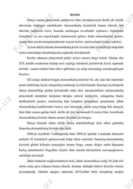 in tastıyıqlaw menen birge, onnan shigiw ushin dúnyanıń barlıq mámleketleri birgelikte izleniw hám olardıń háreketlerin muwapıqlastırıw zárúrligin kórsetedi. jáhán bankiniń maǵlıwmatlarına bola, jáhán ekonomikası sońǵı 50 jılda tórt márte sırtqı qarız tolqının bastan ótkerdi. sonnan, dáslepki úshewi krizisler menen juwmaqlandı. olardıń aqırǵısı sıpatında 2010-jıldan berli rawajlanıp atırǵan mámleketlerde qarız tolqını óziniń eń joqarı shıńına shıqtı. 2018-jılı jámi qarız 54 procent punktke artıp, jióge salıstırǵanda 170 procentti quradı. házirgi tómen procent stavkaları joqarı qarız mashqalaların saplastırıwda tiykarǵı qural bolıwı múmkin. házirgi kúnge shekem ekonomikalıq krizisler túrli finanslıq instrumentlerdiń turaqsızlıǵınan kelip shiqqan bolsa, házirgi dáwirdegi krizistiń júzege keliwi pútkilley basqasha kóriniske iye bolganlıǵı menen ajıraladı. 2020-jılı qarız krizisinen ózgeshe túrge ie bolǵan, baslanıwınan ekonomikalıq xarakterge ie bolmaǵan krizis faktorı - bul pandemiya ekenin baqlawǵa tuwra kelmekte. nátiyjede, ekonomikalıq qulawlardıń júz beriwi boyınsha ayırım signallar payda bolmaqta. bulardan tiykarǵısı "ekonomikalıq dem alıslar"dıń júz beriwi. basqasha aytqanda, jalpi tutınıwdıń tómenlewi hám jalpi usınıstıń toqtap …