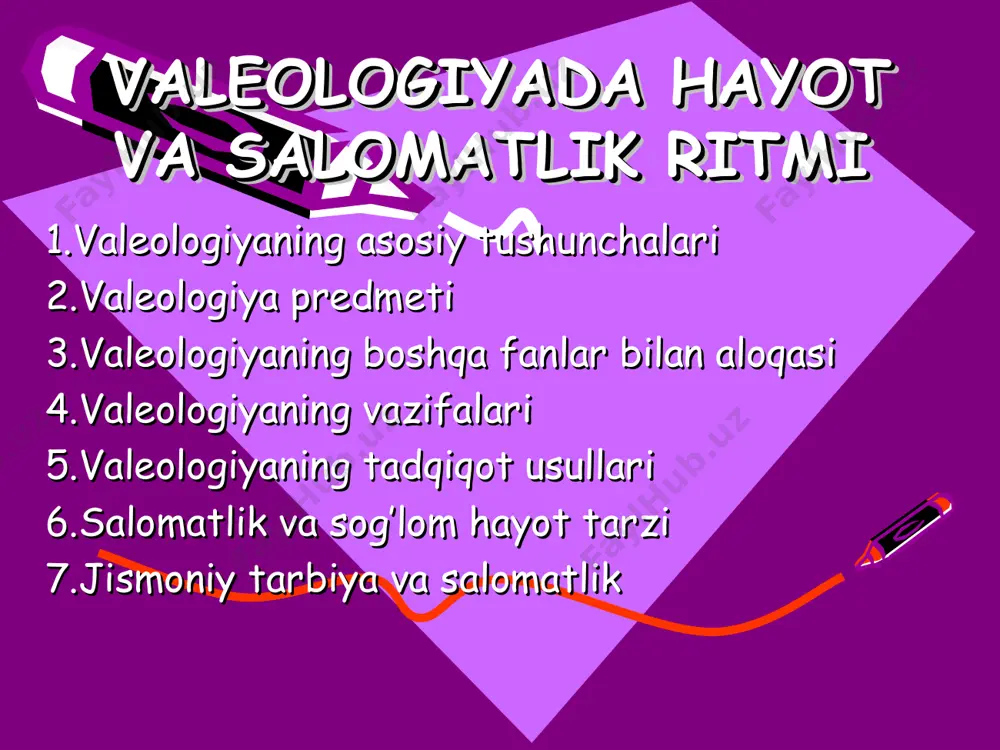 muntazam jismoniy mashqlarni bajarishga ehtiyojini mustahkamlashga yo’naltirilgan faoliyat sifatida ko’rib chiqiladi. shu munosabat bilan insonning jismoniy rivojlanishi haqidagi pedagogik qonunlarni tadqiq etish, shu asosda har tomonlama yetuk insonni shakllantirish bo’yicha maxsus pedagogik tarbiya jarayoni nazariyasi va metodikasini aniqlash valeologiya fanining predmeti hisoblanadi. valeologiyaning asosiy vazifalari: 1. inson salomatlligi va sog’liq rezervlarini tadqiq etish va son jihatdan baholash. 2. sog’lom hayot tarziga yo’naltirish. 3. inson salomatligi va sog’liq rezervlarini sog’lom hayot tarziga yo’naltirish orqali saqlash va mustahkamlash. salomatlikni mustahkamlash, tanani chiniqtirish, uning turli kasalliklarga qarshiligini oshirish bu pedagogik jarayonning sog’lomlashtiruvchi vazifalari hisoblanadi. sog’lom-lashtiruvchi vazifalarning muvaffaqiyati jismoniy mashg’ulot-larning sog’lomlashtiruvchi pedagogik prinsiplari talablariga rioya qilishga bog’liqdir. sog’lomlashtiruvchi jismoniy tarbiya bo’yicha amaliy mashg’ulotlarda o’quvchilarning jismoniy rivojla-nishi bilan bog’liq muhim masala hal etiladi. jismoniy rivojlanish jismoniy rivojlanish deganda organizm shakli va funk-siyalari yetilishining pedagogik jarayoni tushuniladi. jismoniy rivojlanish inson kuchi yetilayotgan paytda, shuningdek, uning salomatligida maxsus tashkil etilgan tarbiya ta'siri ostida ro’y berayotgan sifat o’zgarishlarni …
