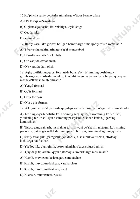 n, xarakatchan b) kuchli, muvozanatlashgan, xarakatchan c) kuchli, muvozanatlashgan, inert d) kuchsiz, muvozanatsiz, sust 21. quyidagi tiplardan –qaysi qatordagisi melanxoliklarga mos keladi? a) kuchli, muvozanatlashmagan, xarakatchan b) kuchli, muvozanatlashgan, xarakatchan c) kuchsiz, muvozanatsiz, sust d) kuchli, muvozanatlashgan, inert 22. og'riq sezgisining batamom yo'qolishi nima deb ataladi? a) giperesteziya b) gipesteziya c) paresteziya d) anesteziya 23. nevroz rivojlanishiga turtki bo’ladigan asosiy omillarni ko’rsating? a) neyromediator yoki neyrofiziologik tizimlarning funktsional tanqisligi b) sharoitlari, jamiyat bilan aloqalarni o’rnatish shartlari c) biologik omillar d) ijitimoiy sabablar 24. kim o’zining fiziologik ta’limoti doirasida nevrozni noadekvat kuch va tashqi qo’z’g’atuvchilar ta’siri tufayli miya po’stlog’ida o’ta zo’riqish natijasida oliy nerv faoliyatining surunkali uzoq vaqt buzilishi deb belgilangan? a) i.i.pavlov b) uliam kallen c) zigmund freyd d) decart 25. patogenetik uslubga qaysilar kiradi? a) psixodinamik, ekzistentsial, interpersonal, kognitiv, tizimli, integrativ, geshtalt-terapiyani o’z ichiga oladi b) nafas olish mashqlari, art-terapiya, musiqa terapiyasi c) xulq-atvor, gipnoz, tana-yo’naltirilgan, ekspozitsion terapiya, nafas …