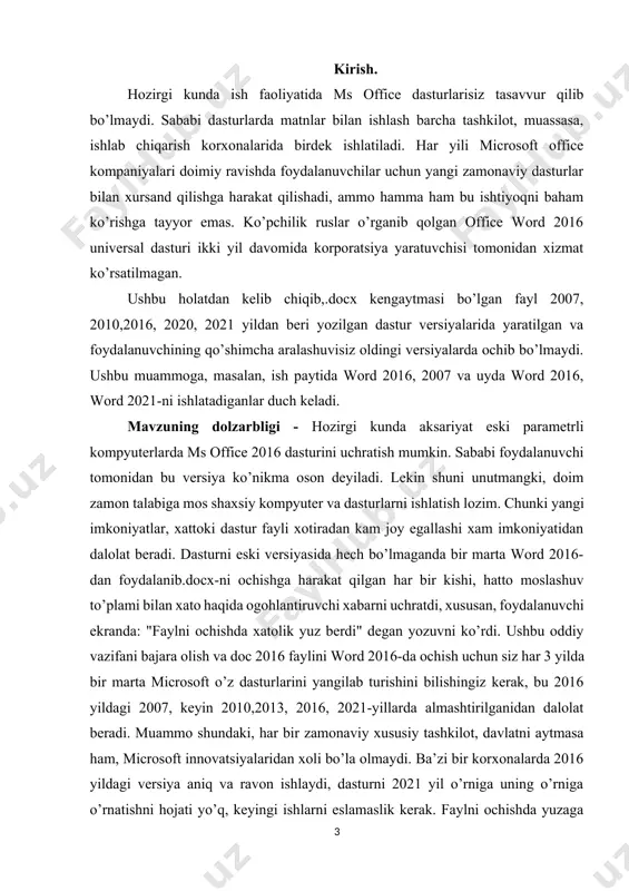 h. kurs ishimiz maqsadi va vazifalari. kurs ishimizdan maqsadi microsoft office dasturini o’qitishda ta’limni yanada samarali tashkil etish mazmunini ochib berish. kurs ishining tuzilishi: kurs ishimiz tarkibiy jihatdan kirish, 2 ta bob va 4 ta bo’lim, xulosa va foydalanilgan adabiyotlardan tashkil topgan. i-bob. microsoft office dasturi va uning imkoniyatlari. 1.1 microsoft office dasturining rivojlanish tarixi. microsoft korporatsiyasi ("microsoft") - amerika jamoat transmilliy korporatsiyasi, har xil turdagi hisoblash texnikasi - shaxsiy kompyuterlar, o’yin pristavkalari, pda, mobil telefonlar va boshqalar uchun xususiy dasturiy ta’minot sohasida dunyodagi eng yirik ishlab chiqaruvchilardan biri. eng mashhur mahsulotlar windows operatsion tizimi oilalari va microsoft office ofis ilovalari. bundan tashqari, kompaniya surface brendi ostida noutbuklar va planshet kompyuterlar, xbox o’yin pristavkalari, shuningdek, shaxsiy kompyuterlar uchun aksessuarlar (klaviaturalar, sichqonlar va boshqalar) ishlab chiqadi va sotadi. kompaniyaning shtab-kvartirasi aqshning vashington shtatidagi redmond shahrida joylashgan. kompaniya o’z tarixini 1975 yilda, garvard universiteti talabalari bill geyts va pol allen 1975 yil …