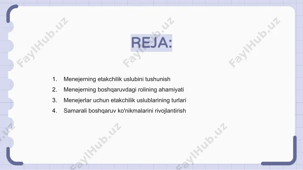 . menejerning boshqaruvdagi roli jamoa a'zolarini yo'naltirish va rag'batlantirish, maqsadlarni belgilash va vazifalarni samarali bajarilishini ta'minlashdan iborat. samarali muloqot va qaror qabul qilish menejer uchun zaruriy qobiliyatdir. menejerlar uchun etakchilik uslublarining har xil turlarini tushunish ularga turli vaziyatlar va shaxslarga o'z yondashuvlarini moslashtirishga yordam beradi va natijada yanada samarali va birlashgan jamoaga olib keladi. samarali boshqaruv ko'nikmalarini rivojlantirish menejerning etakchilik uslubi xodimlarning ma'naviyati, motivatsiyasi va unumdorligiga ta'sir qilish orqali boshqaruvda hal qiluvchi rol o'ynaydi. samarali menejerlar kuchli aloqa, qaror qabul qilish va nizolarni hal qilish qobiliyatlariga ega. samarali boshqaruv ko'nikmalarini rivojlantirish jamoa a'zolarining kuchli va zaif tomonlarini tushunish va ularga to'liq potentsialini ro'yobga chiqarishga yordam berish uchun yordam va ko'rsatmalar berishni o'z ichiga oladi. shuningdek, u yuzaga kelishi mumkin bo'lgan har qanday muammolarni hal qilish uchun faol choralar ko'rishni o'z ichiga oladi. o'zlarining etakchilik rolida ustun bo'lgan menejerlar o'zlarining jamoa a'zolarini ilhomlantirish va kuchaytirish, ijobiy ish muhitini yaratish va tashkiliy …