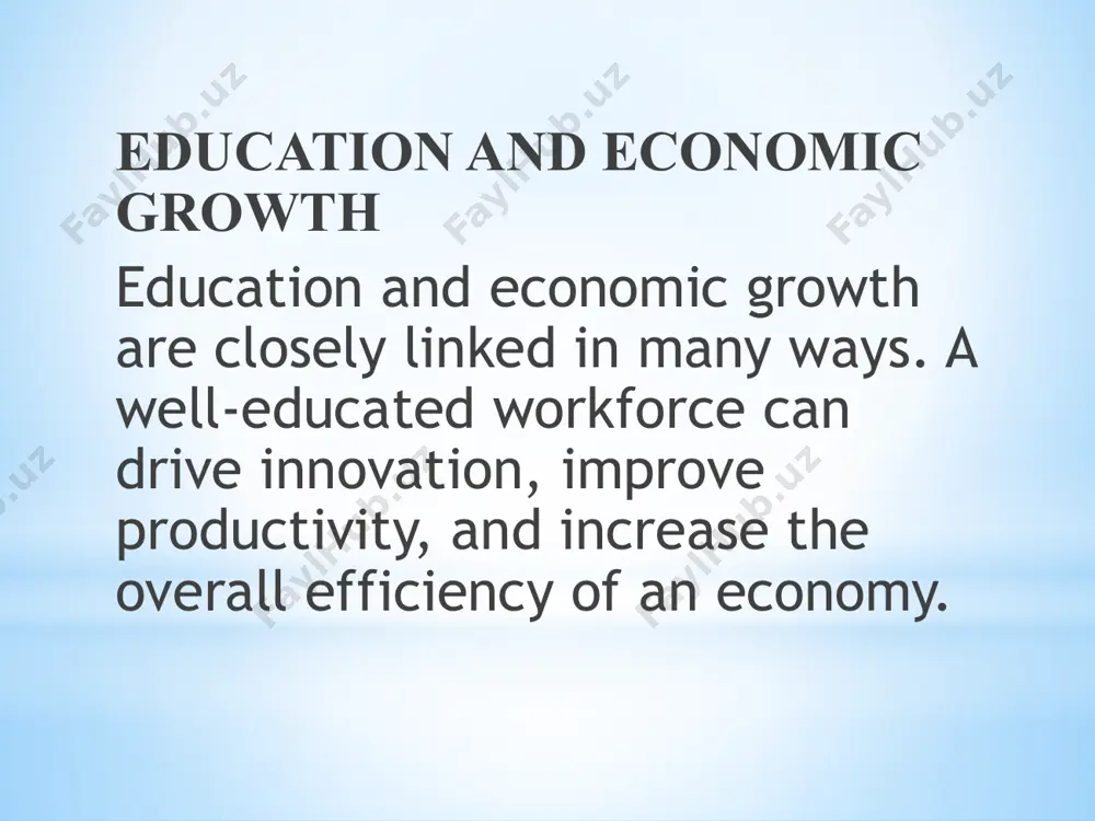 ries such as finance, information technology, and services. sustainable growth: education can lead to a more diversified and sustainable economy, less dependent on volatile sectors like natural resources. long-term benefits intergenerational impact: educated parents tend to invest more in the education of their children, creating a cycle of education and prosperity that can continue over generations, leading to sustained economic growth. boosting global competitiveness: in a globalized world, countries with strong education systems are better positioned to compete in international markets, attracting global talent, companies, and investments. 11 productivity and economic output higher wages and employment: as workers become more educated, they tend to earn higher wages due to their increased skill sets. this not only improves the standard of living for individuals but also boosts overall consumer spending, driving demand and economic growth. multiplier effect: increased education leads to a more productive workforce, which results in higher output and …