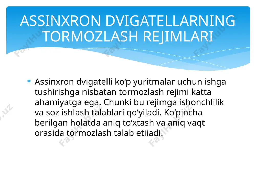 nt mavjudligida tormozlash vaqti kam bo‘lib, mashina tormozlash rejimidan dvigatel rejimiga o‘tadi (4.9-rasm, a). boshida dvigatel 7-nuqtada dvigatel rejimida ishlayotgan edi, stator chulg‘ami ikkita fazasining o‘rnini almashtirgandan so‘ng mashina magnit maydonining aylanish yo‘nalishi va elektromagnit moment yo‘nalishi o‘zgaradi (2-nuqta). yuritma harakati nol nuqtasigacha sekinlashadi, shundan so‘ng rotor reverslanadi va dvigatel teskari tomonga aylanib, harakat nuqtasi 3 ga chiqadi. teskari ulab tormozlash faza rotorli dvigatellar uchun katta qo‘shimcha qarshilik bo‘lgan paytda yuritma mtr tormozlash momenti bilan to‘liq to‘xtashi mumkin (4.9-rasm, a dagi 5-nuqta). aktiv qarshilik momenti mavjud bo‘lganda (4.9-rasm, b), xuddi oldingi holatdagidek magnit maydonining aylanish yo‘nalishi o‘zgarsa, dvigatel ishlash rejimini o‘zgartiradi, ya’ni ikkinchi kvadrantda teskari ulab tormozlash, uchinchi kvadrantda rotor aylanish yo‘nalishini reverslab dvigatel rejimi, to‘rtinchi kvadrantda yangi rejim-energiyani aylanish yo‘nalishini reverslab dvi- gatel rejimi, to‘rtinchi kvadrantda yangi rejim-energiyani tarmoqqa qaytarib, generator rejimi sodir bomadi va dvigatel 3 nuqtada o‘matilgan tezlikda ishlaydi. agar ad statori tarmoqdan uzib qo‘yilsa, u holda …