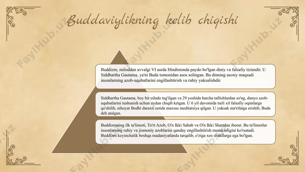 rivojlantirishga undaydi. noto'g'ri tushuncha esa, zararli natijalarga olib kelishi mumkin. buddaviylikda ahloqiy masalalar insonning ichki dunyosi va atrof-muhit bilan munosabatlariga ta'sir qiladi. ular orqali inson o'zini anglab, hayotining ma'nosini tushunishga harakat qiladi. buddaviylikning asosiy amaliyotlari 1. meditatsiya: ichki tinchlikni topish va ruhiy o'sishga yordam beruvchi amaliyot. 2. ibodat: buddaga va boshqa muqaddas shaxslarga ehtirom ko'rsatish. 3. ritualar: muayyan marosimlar orqali diniy qadriyatlarni ifoda etish. 4. hayot maqsadi: buddaviylikda ruhiy o'sish va reinkarnatsiyani nazorat qilish, tinchlik va baxtga erishish. buddaviylik va zamonaviy dunyo buddaviylikning zamonaviy talqini buddaviylik zamonaviy ruhiy va ijtimoiy muammolarni hal qilishda muhim ahamiyatga ega. u ko'plab insonlar uchun ma'naviy yo'l-yo'riqdir. buddaviylik va boshqa dinlar buddaviylik boshqa dinlar bilan o'xshashliklarga ega. ularning o'rtasida tinchlik va hamjihatlikni rivojlantirishda aloqalar mavjud. buddaviylikning global roli buddaviylik ijtimoiy adolat va ekologik muammolarni yechishda o'z prinsiplarini taklif etadi, global muammolarni hal qilishda ko'mak beradi. 01 02 03 buddaviylik dinining zamonaviy ta'siri • buddaviylikning zamonaviy …