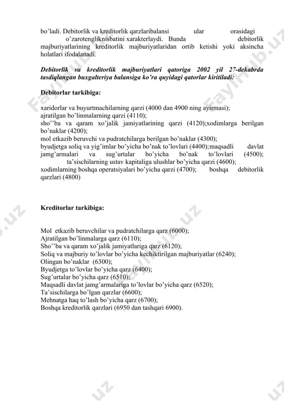 abi hisob kitoblarda to’lovlar muddatining yoki sanasining turli hisobot davriga tushib qolishidir. bunda debitorlik kreditorlik majburiyatlarining yuzaga chiqishiga har qanday holda ham yo’l qo’yiladi. agarda mahsulotlar ortib jo’natish orqali sotiladigan bo’lsa bunda to’lovlar amalga oshish sanasiga qadar, agarda tovarlar pulini oldindan to’lash asosida sotiladigan bo’lsa bunda ham tovarlarni jo’natish sanasiga qadar majburiyat, qarz sifatida hisobda aks etttiriladi. debitorlik va kreditorlik majburiyatlar bo’yicha hisobot, ma’lumotnoma har oyning 1- sanasiga tuziladi va tegishli tashkilotlarga topshiriladi. debitorlik va kreditorlik qarzlari korxona balansi, ya’ni har chorakda tuziladigan korxona aktivlari, kapitali va majburiyatlari holati to’g’risidagi hisobotda ham aks ettiriladi. debitorlik va kreditorlik qarzlari balansini tuzish. muddati uzaytirilgan qarzlarning vujudga kelish sabablari bozor iqtisodiyoti sharoitida korxonalarning debitorlik va kreditorlik qarzlariga baho berishda ularni balan holatiga keltirib o’rganish ham mumkin bo’ladi. debitorlik va kreditorlik qarzlaribalansi ular orasidagi o’zarotenglik nisbatini xarakterlaydi. bunda debitorlik majburiyatlarining kreditorlik majburiyatlaridan ortib ketishi yoki aksincha holatlari ifodalanadi. debitorlik va kreditorlik majburiyatlari qatoriga 2002 …