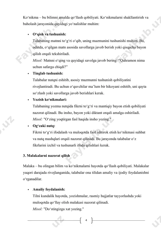 o‘quv yili davomida bir necha martadan diktant, grammatik topshiriqli yozma ishlar, test, bayon va insho o‘tkaziladi. boshlang‘ich sinflarda o‘quvchilar ona tili bilimi, ko‘nikmasi va malakasini nazorat qilishning ahamiyati usullari boshlang‘ich sinflar o‘quv dasturida “ona tili, o‘qish bolalarning lug‘atini boyitish, bog‘lanishli nutqni o‘stirish, adabiy-estetik tafakkurini kamol toptirish, nutq madaniyatini shakllantirish, nutq ta’sirchan-ligini ta’minlashning muhim omilidir”, deyiladi. bu vazifalar grammatik mavzularni o‘rganish, mashq matnlarini kuzatish va tahlil qilish, maxsus lug‘aviy -grammatik mashqlar orqali bajariladi. ona tili o‘qitishning bosh maqsadi ham tilning jamiyatda tutgan o‘rni, vazifasi bilan belgilanadi. til – aloqa vositasi, chunki so‘zlovchi fikr-mulohazalarini til orqali bayon qiladi, tinglovchi esa til vositalari orqali ro‘yobga chiqqan fikrni anglaydi. ona tili fani o‘quvchilarni fikr bayon qilish va uni uqib olish faoliyatiga tayyorlaydi. fikr til vositasida ro‘yobga chiqadi, shu sabablihar bir kishi tilni va undan foydalanishni bilishi zarur. tilni bilish uning grammatik qonun-qoidalarini, ta’rifini o‘zlashtirishgina emas, balki ona tilining boy imkoniyatlaridan amaliy foydalana bilish hamdir, …