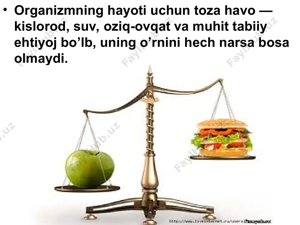 hun zarurini tanlab olish kerak. 3. odam har kuni ma'lum bir vaqtda ovqatlanishi kerak. 4. to’g’ri ovqatlanganda organizmni kerakli moddalar bilan ta'minlash uchun 7 та modda zarur bo’ladi, ya'ni oqsil, yog’, uglevod, vitamin, mineral tuzlar, sellulo-za va suv. 5. oqsil organizm qurilishini ta'minlaydi va hujayralarni qayta tiklashda ishtirok etadi. 6. yog’ energiya manbai bo’lib, uning ko’payib ketishi organizmda ortiqcha yog’ to’qimalari hosil bo’hshiga sabab bo`ladi. organizm uchun to’yinmagan yog’ kislotalarini tutuvchi o’simlik moylari zarur. 7. uglevod ham asosiy energiya manbai va qurilish materiali hisoblanadi. 8. vitaminlar, mineral tuzlar va sellyuloza organizm uchun zarur moddalar bo’lib, vitaminlar inson hayoti faoliyatida asosiy vazifani bajaradi. bunday vazifalar mineral tuzlar va sellyulozaga ham taalluqlidir. . sog`lom bo`lish uchun ovqatlanishda ham 4 ta ahamiyatli narsaga e`tibor berish kerak. 1. asosiy ovqatlar (poydevor) — non, guruch, kartoshka, don mahsulotlari, makaronlar. 2. o’stiruvichi ovqatlar (devor) — sutli ovqatlar, (sut, qatiq, qaymoq, pishloq, suzma), go’sht, loviya, mosh, no’xat, …
