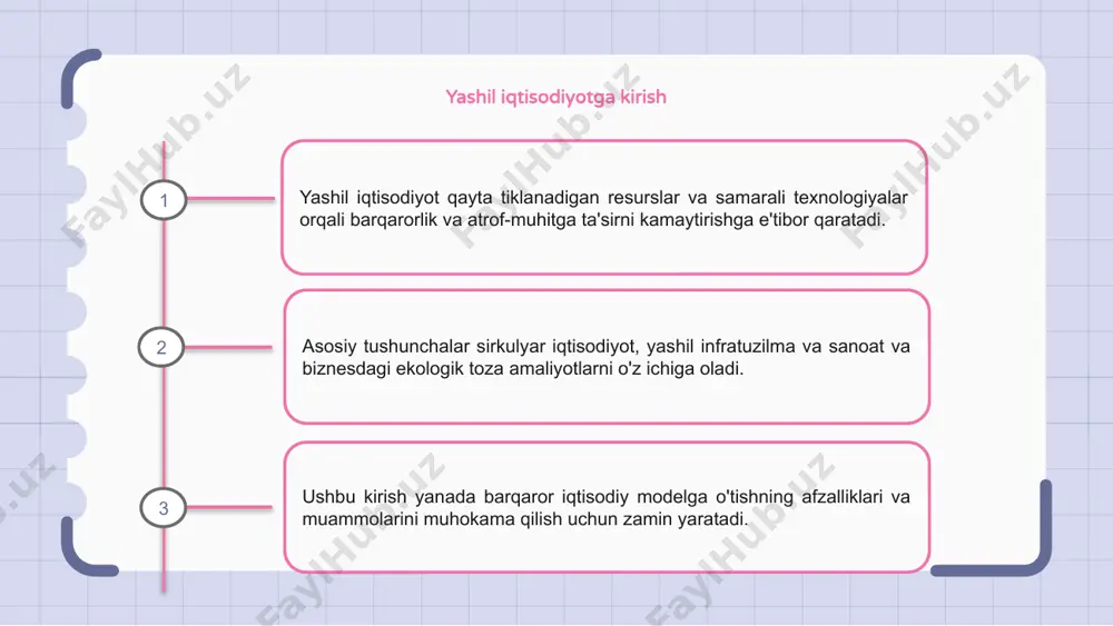 arxini joriy etish, barqaror infratuzilmaga sarmoya kiritish va yashil innovatsiyalarni rag'batlantirishni o'z ichiga oladi. hukumatlar va korxonalar yashil iqtisodiyotga o'tishda hal qiluvchi rol o'ynaydi. barqarorlikni qo'llab-quvvatlovchi siyosatni qabul qilish va toza energiya tashabbuslariga sarmoya kiritish orqali mamlakatlar kelajak avlodlar uchun atrof-muhitni muhofaza qilish bilan birga iqtisodiy o'sishni oshirishi mumkin. yashil iqtisodiyot yangi ish o'rinlari yaratish va uzoq muddatli farovonlik uchun imkoniyatlar yaratadi. 1 2 3 yashil iqtisodiyotning ta'sirini o'lchash yashil iqtisodiyot iqtisodiy qarorlar qabul qilishda ekologik va ijtimoiy masalalarni integratsiyalash orqali barqaror rivojlanishga ko'maklashishga qaratilgan. asosiy tushunchalarga resurslar samaradorligi, qayta tiklanadigan energiya, aylanma iqtisodiyot tamoyillari va bioxilma-xillikni saqlash kiradi. yashil iqtisodiyotning ta'sirini o'lchash uglerod chiqindilarini kamaytirish, yashil sektorlarda ish o'rinlarini yaratish va ekotizim xizmatlarini saqlash kabi ko'rsatkichlarni baholashni o'z ichiga oladi. yashil iqtisodiyotning kelajak istiqbollari yashil iqtisodiyot atrof-muhit va jamiyatga foyda keltiradigan barqaror amaliyotlarga e'tibor qaratadi. asosiy tushunchalarga qayta tiklanadigan energiya, chiqindilarni kamaytirish va uglerod chiqindilarini kamaytirish kiradi. yashil iqtisodiyotning …