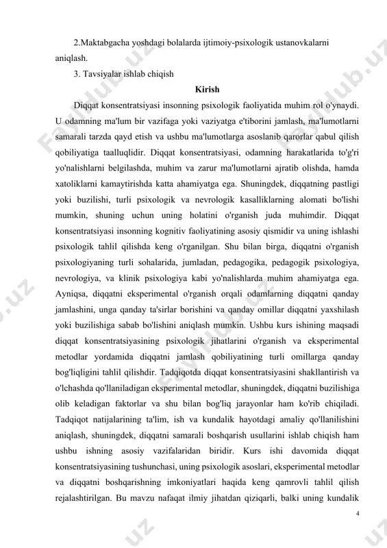 ettiriladi. diqqat tushunchasiga olimlar tomonidan bir qator ta'riflar keltirilganligini ta'idlash mumkin. p.i.ivanov tomonidan diqqat deb- ongni bir nuqtaga to’plab muayyan bir ob'ektga aktiv qaratilishga aytiladi. f.n.dobrinin, n.v.kuzmina, i.v.straxov, m.v.gamezo, n.f.gonobolin va boshqalarning fikricha, diqqatning vujudga kelishi ongning bir nuqtaga to’planishi ong doirasining torayishini bildiradi, guyoki ong doirasi bir muncha tig’izlanadi. e.b.pirogovaning ta'kidlashicha, tomonidan diqqat individning hissiy, aqliy yoki harakatlantiruvchi faolligi darajasining oshirilishini taqazo etadigan tarzda ongning yo’naltirilganligi va biror narsaga qaratilganligidir. diqqat shunday muhim jarayondirki, u odamning barcha faoliyatlarida albatta ishtirok qiladi. eng sodda faoliyatdan tortib eng murakkab faoliyatni ham diqqatning ishtirokisiz bajarish mutlaqo mumkin emas. shuning uchun diqqatning inson hayotidagi roli benihoya kattadir. jumladan, fransuz olimi kyuve geniallikni chidamli diqqat deb ta'riflashi, nyutonning kashfiyot fikrni doimo shu masalaga qaratilish jarayoni, deyishi, k.d.ushinskiyning "diqqat ruhiy hayotimizning shunday yagona eshigidirki, ongimizga kiradigan narsalarning barchasi shu eshik orqali o’tib kiradi" degan fikrlari uning ahamiyatini bildiradi. haqiqatdan ham diqqat eshigidan tashqarida qolgan narsa …