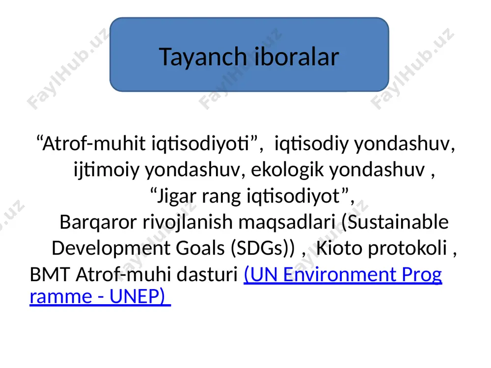 yat) so‘zlari orqali ifodalanishida kuzatish mumkin. “yashil iqtisodiyot” fani nazariy jihatdan xo‘jalik yuritish tizimini “yashillashtirish”ning umumiy strategiyasini ishlab chiqish va ustuvor yo‘nalishlarini belgilab berish bilan shug‘ullanadi. 1-chizma. yashil iqtisodiyotni boshqarish darajalari yashil iqtisodiyot nazariy g’oyaviy siyosiy iqtisodiy “yashil iqtisodiyot”ni nazariy asoslashdan keyin uning ahamiyatini iqtisodiy sub’ektlar o‘rtasida ommalashtirish zaruriyati paydo bo‘ladi. ushbu darajada yashil iqtisodiyotning bosh vazifasi jamiyatda ekologik toza ishlab chiqarishning zarurligi va ahamiyati to‘g‘risida dunyoqarashni uyg‘otish hisoblanadi. “yashil iqtisodiyot”ga o‘tish nazariy va g‘oyaviy jihatdan asoslangandan keyin, uning huquqiy asoslarini shakllantirish va sohaga oid tegishli qonunchilikni ishlab chiqish zaruriyati paydo bo‘ladi. “yashil iqtisodiyot”ni rivojlantirishga oid qonunchilik iqtisodiyotni “yashillashtirish”ga ko‘maklashishi bilan bir vaqtda barcha xo‘jalik sub’ektlari manfaatlariga mos kelishi zarur. iqtisodiy darajada “yashil iqtisodiyot”ni boshqarish jarayonlarining natijalariga baho beriladi. xo‘jalik yuritish va atrof-muhit muhit o‘rtasidagi o‘zaro bog‘liqlik; iqtisodiy faoliyat tufayli uzoq istiqbolda atrof-muhitga etkaziladigan zararni minimallashtirish, ekologik va ijtimoiy omillarni qamrab oluvchi iqtisodiy tizimlarni boshqarish usullari; xo‘jalik yuritish faoliyati va …