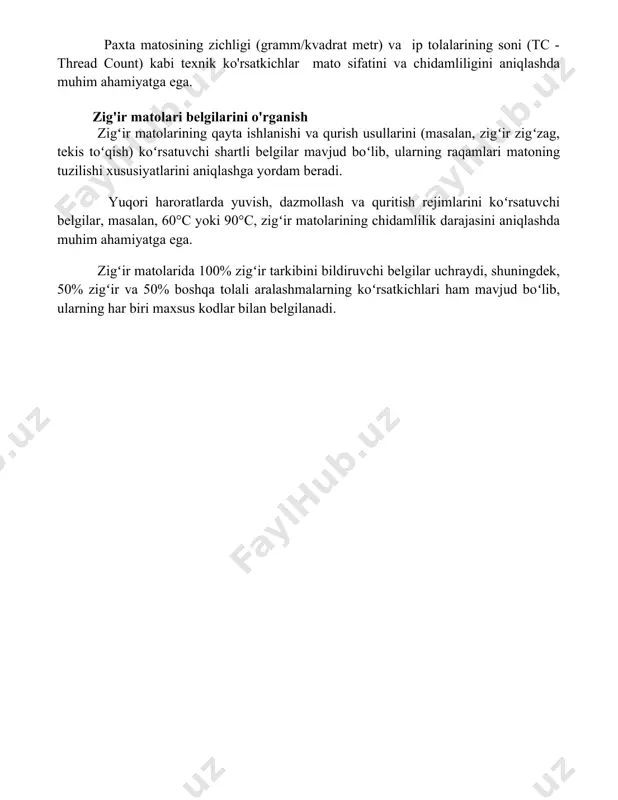 ishi xususiyatlarini aniqlashga yordam beradi. yuqori haroratlarda yuvish, dazmollash va quritish rejimlarini koʻrsatuvchi belgilar, masalan, 60°c yoki 90°c, zigʻir matolarining chidamlilik darajasini aniqlashda muhim ahamiyatga ega. zigʻir matolarida 100% zigʻir tarkibini bildiruvchi belgilar uchraydi, shuningdek, 50% zigʻir va 50% boshqa tolali aralashmalarning koʻrsatkichlari ham mavjud boʻlib, ularning har biri maxsus kodlar bilan belgilanadi. 📌xulosa матоларнинг шартли белгилари кийимларни парваришлаш ва уларнинг сифатини сақлаш учун жуда муҳим ахборот манбаи ҳисобланади. уларни тўғри тушуниш кийимларнинг узоқ муддат хизмат қилишига ёрдам беради. 📚foydalanilgan adabiyotlar 1. kiyim-kechak matolarining shartli belgilariga oid davlat standarti. 2. to'qimachilik mahsulotlarining parvarishlash bo'yicha yo'riqnomalarini ishlab chiqish va qo'llash bo'yicha qo'llanma. 3. matolarni belgilash va ularning xususiyatlarini aniqlash bo'yicha ilmiy-uslubiy qo'llanma. 4. turli xil matolarning tarkibi va xususiyatlarini aniqlash usullari. 5