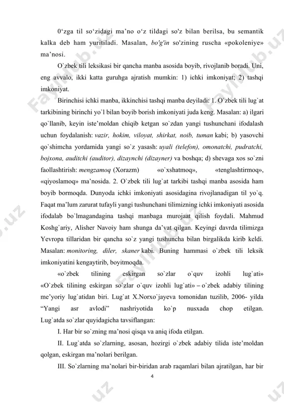 dan qolgan, eskirgan ma’nolari berilgan. iii. so`zlarning ma’nolari bir-biridan arab raqamlari bilan ajratilgan, har bir ma’noga taaluqli ma’no nozikliklari esa shu ma’no ichida bir tik chiziqdan keyin berilgan. masalan: dodxoh (f-t) 1 adolat talab etuvchi, adolat istovchi. 2 buxoro xonligida adolat istovchilardan amir nomiga ariza qabul qiluvchi lavozimli kishi. 3 farg`ona vodiysi va toshkentda mingboshi va boshqa ba’zi amaldorlarni ulug`lash uchun ishlatiladigan so`z. iv. bosh so`zlarning mustaqil ko`chma ma’nolari arab raqamlari bilan ajratilgan va ko`chma belgisi bilan ta’minlangan. v. lug`atda ayrim so`zlarning leksik ma’no kasb etgan grammatik shakllari (lek, ila, limu, badaliga kabi) ham berilgan turli leksikografik usullar bilan izohlangan. masalan:murabba (a, murabba, iii sh.brl. murabbai). tomonlari teng to`g`ri to`rtburchak, kvadrat, chorsi. vi. ayrim so`zlarning boshqa so`zlarga birikib qoshma so`z yasash xususiyati ham alohida- alohida izohlab berilgan. vii. lug`atda atash vazifali so`zlarning, ayniqsa, ot, sifat va fe’llarning ma’nolarini ochishda tavsifiy izoh usullaridan keng foydalanilgan. bu xildagi so`z ma’nosi uning asosiy …