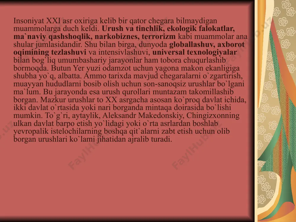 yat kasb etdi. bugungi kunda ularning eng yovuzlari yer yuzidagi tinchlik va totuvlik, hamkorlik hamda hamjihatlikka va oxir-oqibatda insoniyatning yagona birlik sifatida erkin taraqqiy qilishiga katta xavf tug`dirmoqda. buyuk davlatchilik shovinizmi taraqqiyotga nisbatan xavf-xatarlardan biri buyuk davlatchilik shovinizmidir. prezident islom karimov ta`kidlaganidek: “muayyan kuchlar va davlatlar tomonidan bo`ladigan siyosiy, mafkuraviy va iqtisodiy hukmronlik deb yoki millatlararo va davlatlararo mintaqaviy munosabatlarda unga intilish deb ta`riflash mumkin. shovinizm ba`zi ko`p sonli millatlarning nafaqat ko`p millatli imperiya doirasida, balki uning o`rab turgan jug`rofiy-siyosiy makonda ham o`zining mutloq hukmronligini o`rnatish uchun kurashda namoyon bo`ladi”1. ko`rinib turibdiki, buyuk davlatchilik shovinizmi g`ayriinsoniy xarakterga ega. zero, u o`z mohiyatiga ko`ra milliy tengsizlikni oqlash, targ`ib-tashviq qilish hamda himoya qilishning o`ziga xos shaklidir. buyuk davlatchilik shovinizmi paydo bo`lishining sabablari nimada? tarixga nazar tashlaydigan bo`lsak, bugungi kunda davlatlar maqomiga ega bo`lgan ayrim mamlakatlar ko`pgina mintaqalarni o`zlarining “hayotiy manfaatlari” hududi sifatida bosib olib, uzoq vaqt mustamlakachilik siyosatini yurgizgazganiga ishonch hosil qilish …