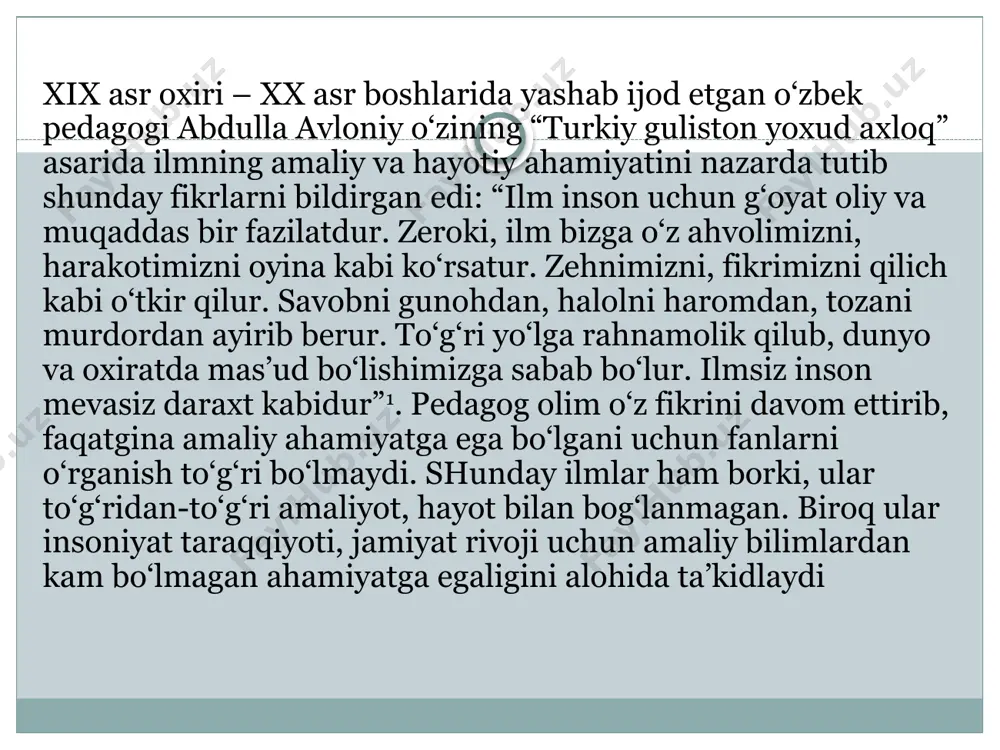 ntarixiyhodisalarnibaholash; o‘tmishvabugunnitaqqoslashgaqiziqish. zardo‘shtiylik ta’limotida ta’lim – tarbiya. ma’lumki, markaziy osiyo hududida qadim – qadimdan turli dinlar, diniy aqidalar paydo bo‘ldi. ularda aholining ijtimoiy – madaniy hayoti, turmush tarzi va an’analari ma’lum o‘lchovga solindi va belgilandi. bunday dinlardan eng qadimiysi va eng mashhuri zardo‘shtlik dini, uning ta’limotidir. zardo‘shtlik dinining asoschisi zardo‘sht atalmish buyuk tarixiy shaxsdir. zardo‘sht sharqning faylasufi, notig‘i, shoiri, donishmandi bo‘lgan. zardo‘sht – o‘z nasihatlari, o‘gitlarida adolatni targ‘ib etadi, yaxshi xulq – odobni e’zozlaydi. uning ta’limoti uch nuqtada: xumata – yaxshilik, nuxta – to‘g‘ri so‘z, xvarishita – yaxshi xulqlarda mujassamlashgan. u chorvadorlar, dehqonlar va hunarmandlar hayotini badaviy ko‘chmanchi yo‘lto‘sarlar chopqinidan himoya qiladi. adolat va odillik g‘oyasini olg‘a suradi. «avesto» eng qadimgi ma’rifiy yodgorliklar namunasi sifatida vii-xiii asrlarda o‘rta osiyoda ijtimoiy va madaniy hayot, maktab va pedagogik fikr «avesto» zardo‘shtiylikning muqaddas kitobi bo‘lishi bilan birga, ilm – fan, hayotiy voqealar haqida mukammal ma’lumot beradigan eng qo‘hna manba hisoblanadi. unda o‘rta osiyo …