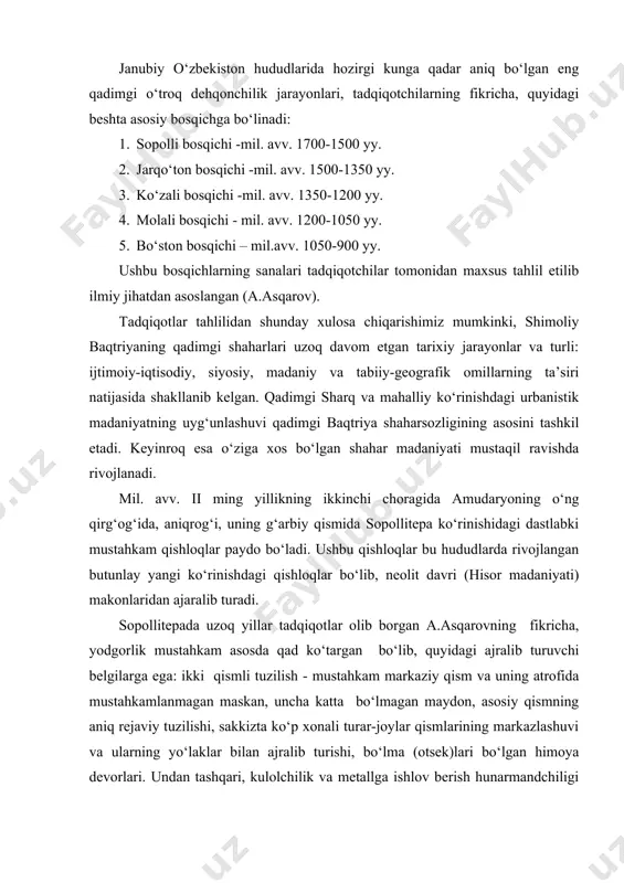 arga ega: ikki qismli tuzilish - mustahkam markaziy qism va uning atrofida mustahkamlanmagan maskan, uncha katta bo‘lmagan maydon, asosiy qismning aniq rejaviy tuzilishi, sakkizta ko‘p xonali turar-joylar qismlarining markazlashuvi va ularning yo‘laklar bilan ajralib turishi, bo‘lma (otsek)lari bo‘lgan himoya devorlari. undan tashqari, kulolchilik va metallga ishlov berish hunarmandchiligi hamda dehqonchilikning yetakchi mavqega ega bo‘lishi ham sopollitepa uchun xosdir. tadqiqotlar natijalariga ko‘ra, sopollitepa aholisining asosiy mashg‘uloti sun’iy sug‘orishga asoslangan o‘troq dehqonchilikdan iborat edi. qazishmalar paytida katta xum ko‘rinishidagi idishlardan va omborxona vazifasini bajaruvchi xonalar sathidan topilgan arpa, bug‘doy, tariq donlari hamda butun sopollitepa majmuida ko‘plab uchraydigan don yanchgich, kelisop, ketmon va o‘roqlar aynan dehqonchilik xo‘jaligidan dalolat beradi. undan tashqari, turar-joy qoldiqlari, qishloqning tuzilishi va umuman arxeologik topilmalarning ko‘rinishi ham manzilgoh aholisining qadimgi dehqonchilik madaniyatiga xos bo‘lgan o‘troq turmush tarzini ifoda etadi. sopollitepa qishlog‘i aholisining yana bir muhim xo‘jalik tarmog‘i chorvachilik edi. qazishmalar paytida juda ko‘plab topilgan uy va yovvoyi hayvonlarning suyaklari …