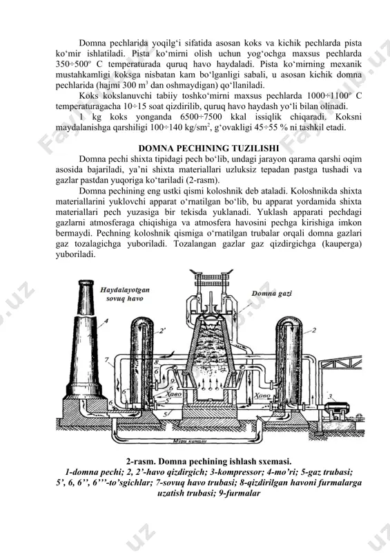 an ruda tarkibidagi temir miqdori 5÷15 % ga ko‘paytiriladi (1-rasm). 1-rasm. elektromagnit qurilmasining sxemasi. 5. rudalarni qizdirish. rudalarni kristallizatsiya suvi, karbonat angidrid va qisman oltingugurtdan tozalash va oson qaytariluvchan qilish maqsadida ularning turlariga qarab 600÷800o c temperatura orasida turli konstruksiyadagi pechlarda qizdiriladi. 6. aglimeratsiya. rudani qazib olishda, maydalashda, boyitishda hamda bir yerdan ikkinchi yerga tashishda mayda bo‘laklar hosil bo‘ladi. undan tashqari koloshnik gazi bilan domna pechidan olib chiqilgan mayda shixta materiallari chang tutgichlarda yig‘iladi. ulardan yirik bo‘laklarga maxsus aglomeratsiya mashinalarida aylantiriladi. 7. o‘rtalash. metallurgiya korxonalariga rudalar turli korxonalarda keltirilganligi sababli ularning kimyoviy tarkibi turlicha bo‘ladi. shuning uchun ularning tarkibini o‘rtalash talab etiladi. buning uchun maydalangan rudalar o‘zaro aralashtiriladi. yoqilg‘i domna pechlarida yoqilg‘i sifatida asosan koks va kichik pechlarda pista ko‘mir ishlatiladi. pista ko‘mirni olish uchun yog‘ochga maxsus pechlarda 350÷500o c temperaturada quruq havo haydaladi. pista ko‘mirning mexanik mustahkamligi koksga nisbatan kam bo‘lganligi sabali, u asosan kichik domna pechlarida (hajmi 300 …