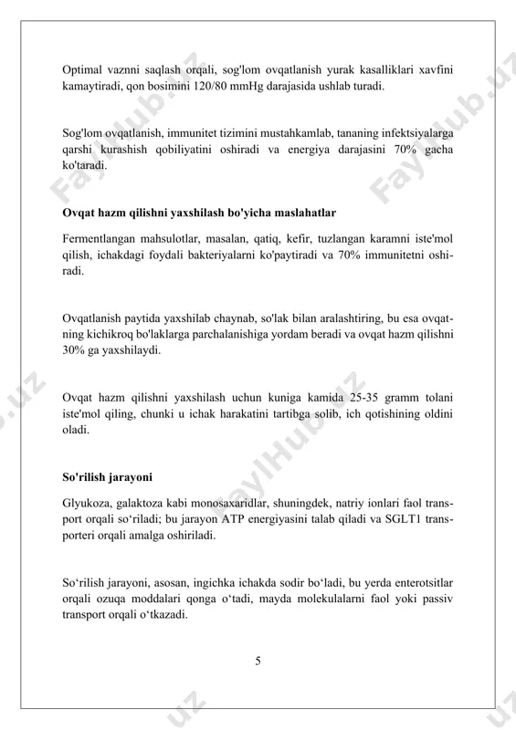 , jumladan, xlorid kislota (hcl), pepsinogen (keyinchalik pepsin fermentiga aylanadi) va shilimshiq, ular oshqozon devorini kislota ta'siridan himoya qiladi. fermentlar va ularning hazm qilishdagi roli me'da shirasida joylashgan pepsin fermenti oqsillarni kichikroq peptid zanjirlariga gidroliz qiladi, bu keyinchalik ingichka ichakda boshqa fermentlar ta'sirida hazm qilinadi. amilaza kraxmalni maltosa va dekstringa aylantiradi, proteaza esa oqsillarni peptidlar va aminokislotalarga parchalaydi, lipaz esa triglitseridlarni glitserin va yog 'kislotalariga ajratadi. fermentlar gidroliz jarayonini tezlashtiradi, bunda suv molekulalari orqali katta oziq-ovqat molekulalari, masalan, polisaxaridlar monosaxaridlarga bo'linadi, hazm qilishni osonlashtiradi. hazm qilishning asosiy tamoyillari so'rilish asosan ingichka ichakda sodir bo'ladi, u erda villi va mikrovilli deb nomlangan maxsus tuzilmalar mavjud bo'lib, ular yuzani sezilarli darajada oshiradi va ozuqa moddalarining qonga o'tishini osonlashtiradi. fermentlar - amilaza, proteaza va lipaza kabi - oziq-ovqat molekulalarini oddiyroq shakllarga (glyukoza, aminokislotalar, yog 'kislotalari) gidroliz yo'li bilan parchalaydi, bu so'rilish uchun zarur. ovqat hazm qilish bir nechta mexanik bosqichlarni o'z ichiga oladi: …