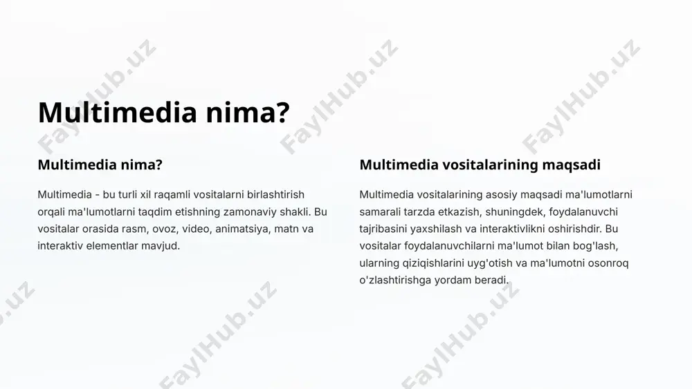amalga oshirish va xizmatlarni taklif etishni osonlashtirishga yordam beradi. 4 multimedia vositalarining texnologik asoslari 1 kompyuter texnologiyalari multimedia vositalarini yaratish va foydalanish uchun kompyuter texnologiyalari asos bo'lib xizmat qiladi. kompyuterlar multimedia vositalarini ishlab chiqish, saqlash va tarqatish uchun ishlatiladi. 2 raqamli signalni qayta ishlash multimedia vositalari raqamli ma'lumotlarni qayta ishlashga asoslangan. raqamli signalni qayta ishlash texnologiyalari rasm, ovoz va video ma'lumotlarini kodlash, saqlash va qayta tiklashni ta'minlaydi. 3 tarmoq texnologiyalari multimedia vositalarining tarqalishi va foydalanishida internet va boshqa tarmoq texnologiyalari muhim rol o'ynaydi. bu texnologiyalar multimedia vositalarini tarqatish va ulardan birgalikda foydalanish imkoniyatini beradi. 5 multimedia vositalarining asosiy komponentlari rasm va grafika rasm va grafika multimedia vositalarining muhim qismidir. ular ma'lumotni vizual tarzda taqdim etish, estetik ko'rinish berish va foydalanuvchilarning qiziqishlarini jalb qilishga yordam beradi. ovoz ovoz multimedia vositalarining muhim elementlaridan biri hisoblanadi. u ma'lumotni boyitish, kayfiyat yaratish va foydalanuvchilarning diqqatini jalb qilish imkoniyatini beradi. video video multimedia vositalarida harakatlanuvchi …