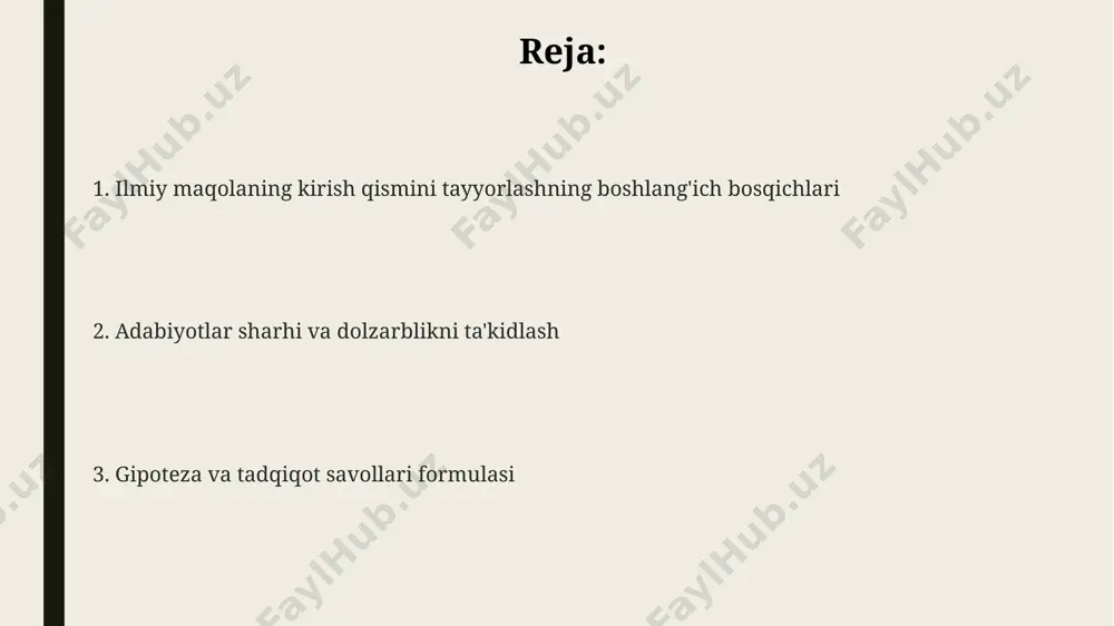 боралардан фойдаланиш, номаълум атамаларни эса изоҳлаш зарур. мураккаб иборалардан сақланиш тавсия этилади. киришнинг тузилишига риоя қилиш муҳим: 1-муаммо, 2-тадқиқот мақсади, 3-усуллар, 4-кутилаётган натижалар ва 5-тадқиқотнинг аҳамияти. tadqiqot uslublari va metodologiyasi eksperimental tadqiqotlar 2 yoki undan ortiq guruhni solishtirishni o'z ichiga oladi, bunda har bir guruhga turli shart-sharoitlar ta'sir etadi va natijalar statistik usullar yordamida tahlil qilinadi. kiyoslama tadqiqotlar 20 dan ortiq ishtirokchi bilan o'tkazilishi mumkin va ma'lumotlarni tahlil qilish uchun chiziqli regressiya kabi statistik usullar qo'llaniladi. tadqiqot metodologiyasini tanlashda, ma'lumotlarning 3 xil turini (sifatli, miqdoriy, aralash) hisobga olish va tadqiqot savoliga mos keluvchi usulni tanlash muhimdir. kirishni yozish va tahrirlash kirishning oxirida, tadqiqotning asosiy maqsadi va natijalarning kutilayotgan ta'sirini aniq va tushunarli ravishda bayon etish lozim. kirish qismida 200-250 so'z atrofida asosiy maqsad, tadqiqotning dolzarbligi va metodologiyasini qisqacha bayon qilish kerak. adabiyotlar sharhida 5-7 ta muhim manbaga havola qilib, mavzu bo'yicha ilmiy ishlarning holatini tahlil qilish tavsiya etiladi. kutuladigan natijalar …