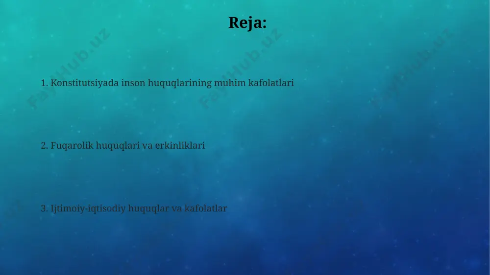 di. o'zbekiston respublikasi konstitutsiyasi 26-moddasi mehnat huquqini kafolatlab, har bir fuqaroning mehnat qilish erkinligini, ish haqi va dam olish huquqini 18 yoshdan boshlab ta'minlaydi, bu esa mamlakatning iqtisodiy taraqqiyotiga sezilarli hissa qo'shadi. siyosiy huquqlar va erkinliklar oʻzbekiston respublikasi konstitutsiyasining 25-moddasi, fuqarolarga 18 yoshdan boshlab saylash va saylanish huquqini kafolatlaydi, bu demokratik jarayonlarda ishtirok etishni ta'minlaydi. konstitutsiyaning 26-moddasiga koʻra, fikr bildirish erkinligi, shu jumladan ommaviy axborot vositalaridan foydalanish, mamlakatning har bir hududida, masalan, toshkent shahrida, kafolatlanadi. 29-modda yigʻilish va namoyish oʻtkazish huquqini belgilaydi, ammo bu huquq jamoat tartibini buzmasdan, 50 kishidan kam boʻlmagan odamlar bilan, samarqand viloyati kabi hududlarda ham amalga oshiriladi. adolat va huquqiy himoya kafolatlari konstitutsiyaning 24-moddasi boʻyicha, hech kim qonun bilan belgilangan tartibsiz hibsga olinishi, qamoqqa olinishi yoki boshqa usullar bilan ozodlikdan mahrum etilishi mumkin emas, bu 5 kunlik muddat chegarasi bilan chegaralangan. jinoyat kodeksining 18-bobida ko'rsatilganidek, oʻzbekistonda 18 yoshga toʻlmagan shaxslarga nisbatan yengillashtirilgan javobgarlik choralari qoʻllaniladi va …