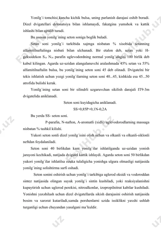 ish, kristallanish, muzlash) darajalari kiradi. dizel yonilg`isining yopishkokligi 200s xaroratda 3....8 mm2/s bulishi kerak. yonilg`ining bu xossalari laborotoriya darslarida aniklanadi. dizel yonilg`ilarining fraksion tarkibi kuyidagicha: t50%=2800c va tg6%=3600c yozgi uchun t50%=225...2800c va tg6y=330...3400c kishki uchun bu yerda t50%, tg6y- yonilg`ining 50 va 96 foizining kaynash xaroratlari. dizel dvigatellarida ishlatiladigan yonilg`ilar yonganda nagar xosil kildirmasligi kerak. nagar asosan yonish kemerasida, gaz taksimlash mexanizmi klapanlarida, porshen xalkalarida, forsunka korpusi va ignasida xosil buladi. bu esa dvigatelning ishlashiga salbiy ta’sir kursatadi. masalan, klapanlarda xosil bulgan nagar, uning yaxshi yepilmasligiga olib keladi, yonish kamerasida bulsa-issiklik utkazish yemonlashishga, forsunkadagi purkash darajasini pasayishiga, porshen va uning xalkalarida esa kompressiyaning pasayishiga, karterga gazlarning utib ketishiga, natijada motor moyi suyuklashishiga, oksidlanishiga olib keladi. 5. dizel yonilg`ilarini korroziyalash va qurum xosil qilish xususiyatlari dizel yonilg`ilarining nagar xosil kilishiga kuyidagi faktorlar ta’sir kursatadi: fraksion tarkibi yaxshi bulmaganligi natijasida tuligicha yonmaslik, yopishkokligi balandligi, tarkibida kup malekulali smola-asfalt aralashmasi bulishi, oltingugurt aralashmalari …