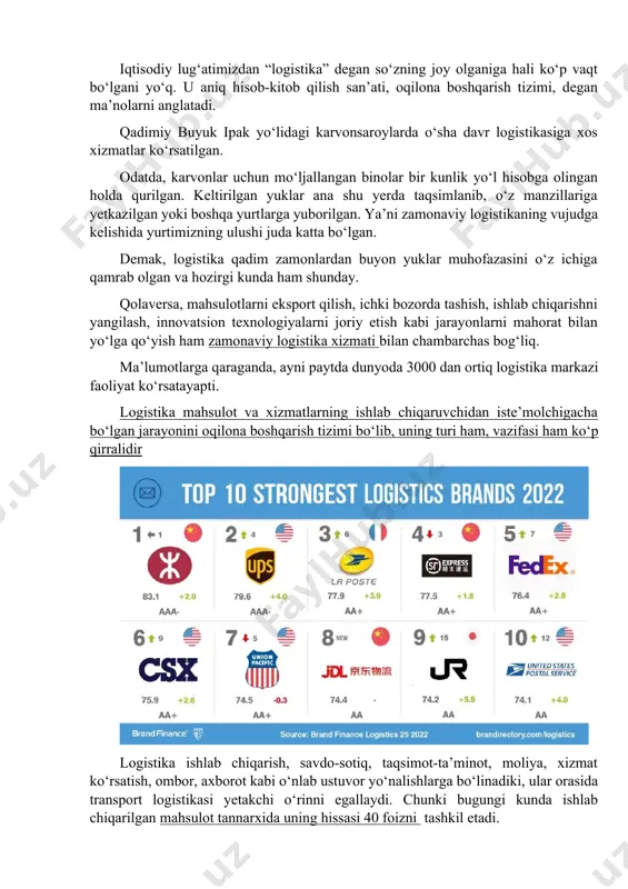 r kunlik yo‘l hisobga olingan holda qurilgan. keltirilgan yuklar ana shu yerda taqsimlanib, o‘z manzillariga yetkazilgan yoki boshqa yurtlarga yuborilgan. ya’ni zamonaviy logistikaning vujudga kelishida yurtimizning ulushi juda katta bo‘lgan. demak, logistika qadim zamonlardan buyon yuklar muhofazasini o‘z ichiga qamrab olgan va hozirgi kunda ham shunday. qolaversa, mahsulotlarni eksport qilish, ichki bozorda tashish, ishlab chiqarishni yangilash, innovatsion texnologiyalarni joriy etish kabi jarayonlarni mahorat bilan yo‘lga qo‘yish ham zamonaviy logistika xizmati bilan chambarchas bog‘liq. ma’lumotlarga qaraganda, ayni paytda dunyoda 3000 dan ortiq logistika markazi faoliyat ko‘rsatayapti. logistika mahsulot va xizmatlarning ishlab chiqaruvchidan iste’molchigacha bo‘lgan jarayonini oqilona boshqarish tizimi bo‘lib, uning turi ham, vazifasi ham ko‘p qirralidir logistika ishlab chiqarish, savdo-sotiq, taqsimot-ta’minot, moliya, xizmat ko‘rsatish, ombor, axborot kabi o‘nlab ustuvor yo‘nalishlarga bo‘linadiki, ular orasida transport logistikasi yetakchi o‘rinni egallaydi. chunki bugungi kunda ishlab chiqarilgan mahsulot tannarxida uning hissasi 40 foizni tashkil etadi. yuk terminalida yuklar ikki va undan ortiq transport turi yordamida …