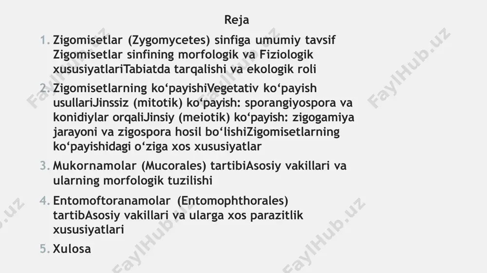 gi ozuqa moddalar gifa uchiga yetkazib berilishi bilan bog‘liq va odatda soatiga 0,1-6,0 mm.alohida gifaning uzunligi bir necha santimetrga yetishi mumkin. odatda, mikologiyaning rivojlanishi uch davrga ajratiladi. birinchi davr xix asrning o‘rtalarigacha davom etgan. bu davrda har xil zamburug‘larni tasvirlash va tasniflashga urinishlar bo‘lgan. ikkinchi davrda (xix asrning o‘rtasidan oxirigacha) zamburug‘lar sistematikasiga oid ishlar bilan birga ularning ontogenezi va filogenezi ham o‘rganilgan. bu davrda fransuz olimlari aka-uka l.tyulan va sh.tyulanlar unshudring, zang va qorakuya zamburug‘lardagi pleomorfizm hodisasini, ya’ni bir tur zamburug‘da turli xilda spora hosil bo‘lishini aniqlashdi. nemis botanigi a. de bari parazit zamburug‘larni eksperimental o‘rganish, uning shogirdlari saprofit zamburug‘larni ekish metodikasini ishlab chiqdilar. rossiyada m. s. voroninning parazit zamburug‘lar ustida qilgan ishlari muhim ahamiyat kasb etdi. uchinchi – yangi davrda zamburug‘lar fiziologiyasi va biokimyosi rivojlantiriladi. nemis olimi g. klebsning zamburug‘lar ontogenezi ustidagi ishlari katta rol o‘ynadi zamburugʻlar (fungi yoki mycetes) — eukariot organizmlar dunyosi (bulimi).tayyor organik moddalar hisobiga yashaydi, …