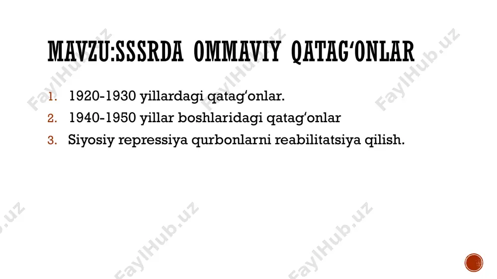 uchaytirish munosabati bilan qatag’onlar keng tarqaldi. 1930 yilda lagerlar bosh boshqarmasi (gulag) tuzildi. 1930-yillarning boshlarida. sssr ogpu maxfiy siyosiy bo’limida shahar va qishloqlarda antisovet va aksilinqilobiy elementlarni qayd etish bo’yicha ko’rsatmalar ishlab chiqilgan. bu toifaga bolshevik boʻlmagan siyosiy partiyalarning sobiq aʼzolari, butunittifoq kommunistik partiyasi (bolsheviklar)dagi muxolifat harakati ishtirokchilari [trotskiychilar, shlyatnikovchilar (“ishchilar muxolifatining” sobiq aʼzolari) va boshqalar]; ishchilar, shahar va qishloq ziyolilari, talabalar, maktab o‘quvchilari orasida “antisovet unsurlari”; 1920-yillar va 1930-yillar boshidagi dehqonlar norozilik namoyishlari ishtirokchilari; surgun qilingan1930-yillarning boshi; surgun qilingan, boshqa joyga ko‘chirilgan yoki mulkdan mahrum qilingan dehqonlar, hunarmandlar va hunarmandlar; barcha dinlarning diniy vazirlari; chor maʼmuriyati va muvaqqat hukumat amaldorlari; sobiq jandarmlar, politsiya xodimlari, zavod egalari, savdogarlar ommaviy qatag’onning keskin kuchayishiga s. m. kirovning o’ldirilishi (1934) sabab bo’ldi. bolsheviklarning butunittifoq kommunistik partiyasi markaziy komiteti siyosiy byurosining qaroriga binoan va nkvdning leningrad viloyati bo’yicha direksiyasining 1935 yil 27 fevraldagi sirkulyariga asosan 11 mingdan ortiq “ishonchsiz elementlar” qo’zg’atildi. faqat leningraddan haydalgan, …