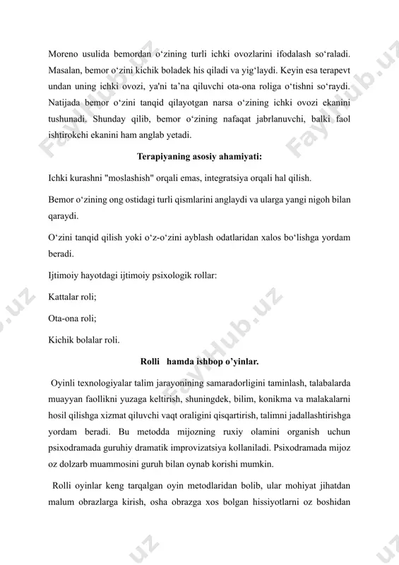lib, ular mohiyat jihatdan malum obrazlarga kirish, osha obrazga xos bolgan hissiyotlarni oz boshidan kechirishni taqozo etadi. rolli oyinlarda eng avvalo ishtirokchi shaxs sifatida ozligini namoyon qila boshlaydi. rolli oyinlarning oz-ozini namoyon qilish va shu orqali oz xulqini tuzatishga imkon berishi xususiyatiga oz vaqtida amerikalik olim jon moreno ham etibor bergan va o`zining psixodramatik texnikasida unga katga ahamiyat bergan edi. xulosa psixodrama orqali inson o‘zidan tashqariga chiqib, boshqa odamlarning his-tuyg‘ularini tushunish imkoniyatiga ega bo‘ladi. ayollar erkaklarning, yoshlar keksalarning, kattalar esa bolalarning o‘rnida bo‘lish orqali empatiya, hissiy moslashuv va ijtimoiy ko‘nikmalarni rivojlantiradilar. rejissyor esa ushbu jarayonni boshqarib, har bir ishtirokchining muammolarini ochib berishga va ularni terapevtik yo‘nalishda hal qilishga yordam beradi. badiiy adabiyot va psixodramani bog‘lash esa shaxsiy kechinmalarni anglash va ulardan xulosa chiqarish jarayonini yanada samaraliroq qilishga xizmat qiladi. 1-hafta 1-kun: tanishuv va guruh uyg‘unligini shakllantirish 1. mashq: “salom, men aktyorman!” – 10 daqiqa maqsad: qiziqarli tanishuv orqali ishtirokchilarni moslashtirish. …