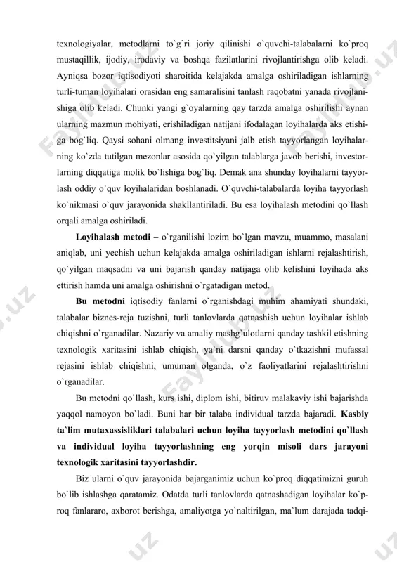 a mualliflar turlicha 3-6 bosqichga bo`lishadi. biz ularni noto`g`ri deb aytaolmaymiz, lekin bizningcha quyidagi variantni optimal hisoblash mumkin. 1-bosqich. tаyyordarlik bоsqichi. maqsadni aniqlagach, loyihaning maqsadi, mazmunini belgilaymiz. reja asosida amalga oshirish uchun vazifalar belgilanadi, ya`ni faoliyat rejasi ishlab chiqiladi. 2-bosqich. loyihani amalga oshirish bosqichi: unda loyihani amalga oshirish shakllari va vositalari, bosqichma-bosqich natijalari ham ko`rsatiladi. loyihada belgilangan vazifalar bajariladi. 3-bosqich. nаtijа bоsqichi. bаjаrilgаn ish rasmiy talablar asosida taxlanadi. loyihaning so`nggi varianti ekspertga, taqrizga beriladi. bunda matn aniq asoslangan bo`lib, bajarilgan ishlarning mazmuni va erishilgan natijalarni gavda-lantirishi kerak. matnda, albatta, jadvallar, grafiklar, chizma, dasturlar va boshqa shunga o`xshash materiallar bo`lishi shart. so`ngrа ish taqrizga beriladi. loyihaga ekspert xulosasini olinadi, tashqi taqriz natijasini e`lon qilingach, tugallangan hisoblanadi. 4-bosqich. loyiha taqdimoti va muhokamasi taqrizlar оlingаch loyiha taqdimoti vа muhоkаmаsi o`tkаzilаdi. taqdimot loyihada bajarilishi belgilangan mezonlar asosida jyuri yoki komissiya a`zolari tomonidan baholanadi. jyuri a`zolari tarkibi loyiha ishlab chiqilayotganda aniqlanadi. tayyorlangan loyihani ko`rib chiqib, …