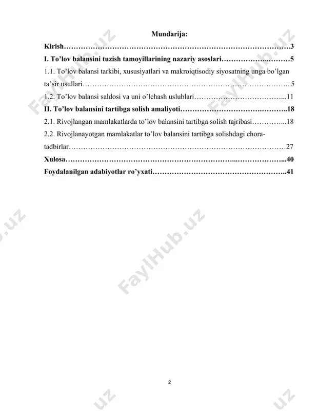 titsiyalardan olingan daromadlarni va bir tomonlama pul o’tkazmalarini o’zida aks ettiruvchi «ko’rinmas» joriy operatsiyalar balansi) va kapital harakati balansi (mamlakatdan kapitalni chiqib ketishi va unga xorijiy kapitalning kirib kelishini o’zida aks ettiradi) to’lov balansining tarkibiy qismlaridan hisoblanadi. to’lov balansi rivojlanishining qisqacha tarixi ilovaning boshida berilgan. kurs ishi mavzusining dolzarbligi shundan iboratki mamlakatlar tashqi aloqalarda olib borilayotgan operatsiyalar, majburiyatlarni aks ettirish, uni ikki yoqlama yozuv asosida aniq ko’rsatish muhim ahamiyat kasb etadi. kurs ishimning obyekti sifatida rivojlangan va rivojlanayotgan mamlakatlar to’lov balansi, shu jumlamadan o’zbekiston respublikasi to’lov balansi o’rganilgan. kurs ishi predmeti sifatida xvf fondining to’lov balansini muvofiqlashtirish metodlari, rivojlangangan mamlakatlar tajribasi va ekonometrika elementlari olingan. kurs ishining metodologiyasi. kurs ishi loyihasida nazariy hamda empirik usullardan foydalanilgan. alohida to’xtaladigan bo’lsak, nazariy usulda deduksiya, tasniflash, umumlashtirish kabilar. emprikda esa, mvf ma’lumotlari asosida mamlakatlar to’lov balansidagi o’zgarishlar va bashoratlar ekonometrik tahlil orqali o’rganilgan. kurs ishining tarkibi har biri uchta punktdan iborat bo’lgan ikki …