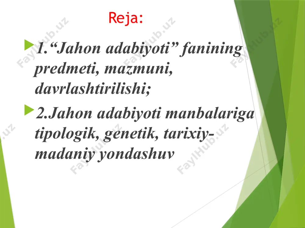langan holda bo‘lib chiqadi. bunday hududiy bo‘linish quyidagichadir: 1. sharq adabiyoti: hindi-xitoy xalqlari adabiyoti, yapon adabiyoti, avstraliya, zellandiya va okeaniya xalqlari adabiyoti, o‘rta osiyo va qozog‘iston xalqlari adabiyoti, kavkaz xalqlari adabiyoti. 2. g‘arb adabiyoti: yevropa xalqlari adabiyoti, skandinaviya xalqlari adabiyoti. 3. afrika xalqlari adabiyoti. 4. arab xalqlari adabiyoti. 5. amerika xalqlari adabiyoti. ushbu hududiy bo‘linishlar o‘sha xalqlarning o‘rnashgan joyi, etnik yaqinligi, ijtimoiy-siyosiy, madaniy taraqqiyot bosqichlaridagi rivojning yaqinligi bilan belgilanadi. bu bo‘linishlar o‘z navbatida yana kichik-kichik qismlarga bo‘linib boradiki, bu masala keyingi mavzularda hal qilib boriladi. masalan, o‘rta osiyo va qozog‘iston xalqlari adabiyoti o‘zbek adabiyoti, qirg‘iz adabiyoti, qozoq adabiyoti, tojik adabiyoti, qoraqalpoq adabiyotidan iborat. hududiy bo‘linishning ilmiy afzalligi shundaki, har bir talaba jahon xalqlari adabiyotini o‘rganar ekan, turli-tuman adabiyotni bir-biri bilan adashtirib yubormaydi, ularni bir-biriga qiyoslay oladi. har bir katta hududiy adabiyotning o‘ziga xos tomonlarini o‘zlashtira oladi. jahon adabiyotining tarixiy taraqqiyoti eng avvalo quyidagi katta davrlardan iborat: 1. antik adabiyot. bu …