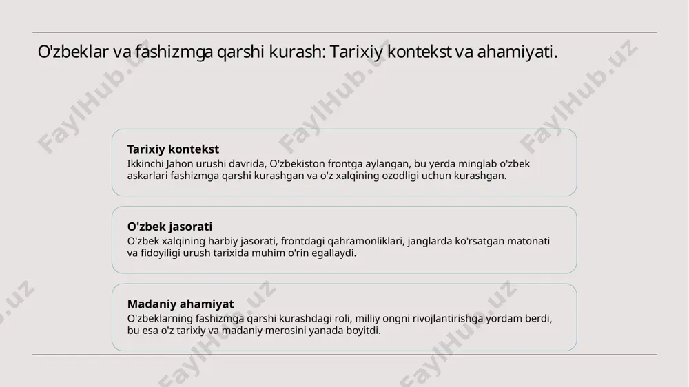 rontda shijoat bilan jang olib borishdi, ko'plab qahramonliklar ko'rsatdilar va yurtni himoya qildilar. 2 qahramonlik hikoyalari o'zbekistonning jangchilari o'z qahramonliklari bilan tarixda qoldilar; ular janglarda ko'plab muvaffaqiyatlarga erishdilar va xalqni birlashtirdilar. 3 milliy g'urur o'zbek xalqining fashizmga qarshi kurashdagi jasorati milliy g'ururni oshirdi, bu esa keyingi avlodlar uchun vatanparvarlik timsoliga aylandi. o'zbekistonning resurslari va urush davridagi iqtisodiy ta'siri. urush davrida o'zbekistonning iqtisodiy resurslari, asosan, paxta va boshqa qishloq xo'jaligi mahsulotlari orqali frontni ta'minlashda muhim rol o'ynadi. o'zbek xalqining mehnati, jasorati va ijtimoiy birligi urushni yengishda katta ahamiyatga ega bo'ldi. - paxta yetishtirish va qayta ishlash - o'zbekiston ishlab chiqarish imkoniyatlari - o'zbek xalqining urushdagi roli photo by olga kovalski on unsplash o'zbekiston va urush: madaniy meros va xalq xotirasi. 1 madaniy meros o'zbekistonning urush davridagi madaniy merosi, qahramonlik hikoyalari, adabiyot va san'at orqali xalqning jasoratini aks ettiradi. 2 xalq xotirasi urushda halok bo'lganlar va jasorat ko'rsatganlar xotirasi o'zbek xalqining tarixi …