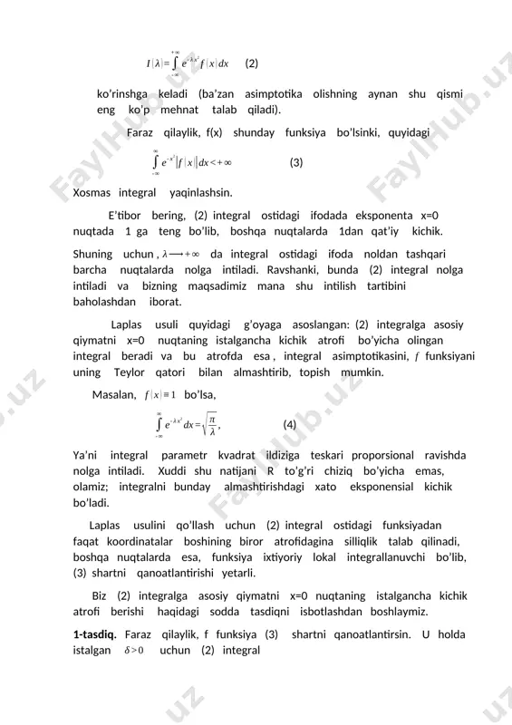iya nolga aylangan nuqtalarda yo’qollishi mumkin. lekin, shunga qaramasdan, har qanday cheksiz differensiallanuvchi nomanfiy funksiyani cheksiz differansiallanuvchi funksiyaning kvadrati (manfiy bo’lishi shart bo’lmagan ) ko’rinishda yozish mumkin. qulaylik uchun shu pragrafning oxirigacha, agar funksiya biror intervalda cheksiz differensiallanuvchi bo’lsa, biz uni shu intervalda deymiz. aytaylik, funksiya nolning biror atrofida silliq bo’lib, shu atrofning noldan boshqa nuqtalarda musbat bo’lsin. bundan tashqari, nol nuqtada (16) shartlar bajarilsin. qayd ettilgan atrofda funksiyani, integral ko’rinishdagi qodiq had bilan, teylor formulasi bo’yicha yoyamiz a (16) shartni hisobga olib va almshtirish bajarib, bu tengsizlikni biz deb yozishimiz mumkin. endi funksiyani kiritaylik; bu funksiya nolning atrofida silliqdir. ya’ni: ikkinchi hosila uzluksiz bo’lgani uchun, yuqoridagi tensizlik nolning biror atrofida ham o’rinli bo’ladi, ya’ni demak, funksiya nolning atrofida nafaqat silliq, balki qat’iy musbat ham bo’lar ekan. bundan chiqdi, va funksiyalar nolning atrofida cheksiz differensiallanuvchi bo’lib, (12) tenglik bajariladi. shunday qilib, (16) shart ostida, funksiyani silliq funksiya kvadrati ko’rinishida yozish …