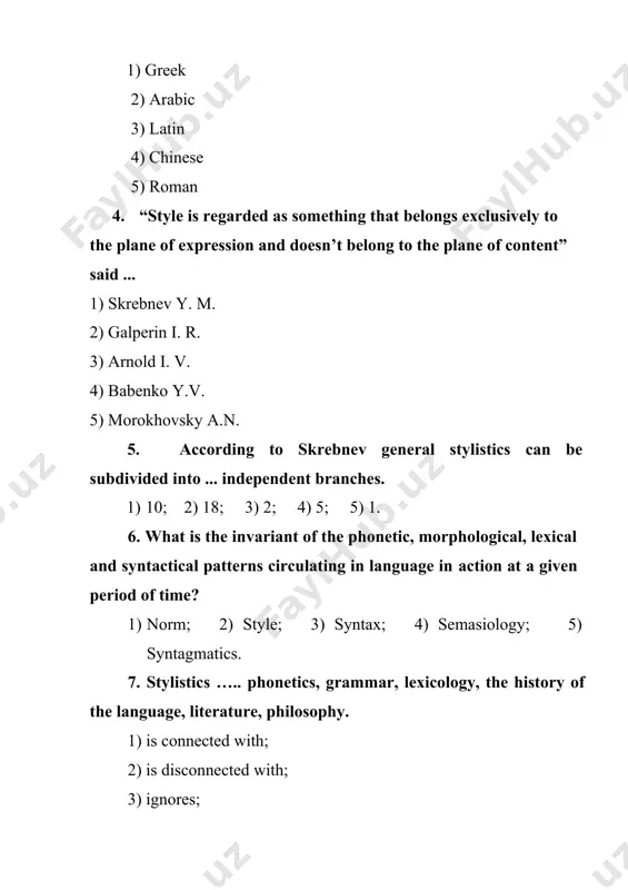 9. whom do the words “style as a system of interrelated language means serves a definite aim in communication.” belong to? 1) stepanov y.s. 2) morokhovsky a.n. 3) kukharenko v.a. 4) golub i.v. 5) galperin i.r. 10. what level does skrebnev y. m. uniquely single out in stylistics? 1) stylistics phonetics; 2) stylistics morphology; 3) stylistics lexicology; 4) stylistics syntax; 5) stylistics semasiology.
