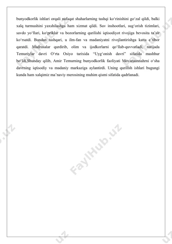ravishda saqlab, o'zini ularning himoyachisi sifatida ko'rsatgan, bu esa uning hukmronligini qonuniylashtirgan. boshqaruvda forsiy va turkiy tillar ishlatilgan, bu madaniy integratsiyani ta'minlagan. amir temur davlatni boshqarishda soliq tizimini tartibga solgan, yer munosabatlarini isloh qilgan va hunarmandchilikni rag'batlantirgan. uning siyosati nafaqat harbiy kuchga, balki iqtisodiy va madaniy rivojlanishga asoslangan bo'lib, bu mamlakatni yuksaltirishga xizmat qilgan. davlat boshqaruvi tizimida amaldorlarning mas'uliyati yuqori bo'lgan, ularning faoliyati qat'iy nazorat qilingan. amir temur o'zining yurishlaridan so'ng, zabt etilgan yerlarni o'z imperiyasiga qo'shgan va ularni mahalliy hokimlar orqali boshqargan. bu tizim imperiyaning ulkanligiga qaramay, nisbatan barqarorlikni ta'minlagan. boshqaruvda kengashlar muhim rol o'ynagan, unda harbiy va fuqarolik amaldorlari ishtirok etgan. amir temur davlatni boshqarishda adolat tamoyiliga rioya qilgan, bu uning tuzuklarida ifodalangan. u jazo va rag'batlantirish tizimini joriy etgan, bu orqali itoatkorlikni ta'minlagan. davlat boshqaruvi tizimi temuriylar sulolasining keyingi avlodlari tomonidan davom ettirilgan, masalan, shohruh va ulug'bek davrida. amir temur bunyodkorlik siyosatini davlat boshqaruvi bilan uzviy bog'lagan, …