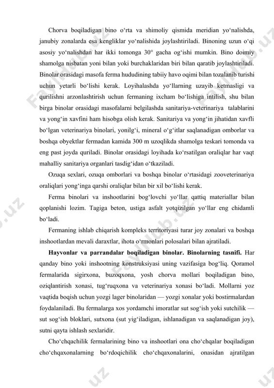 yozgi xonalar yoki bostirmalardan foydalaniladi. bu fermalarga xos yordamchi imoratlar sut sog‘ish yoki sutchilik — sut sog‘ish bloklari, sutxona (sut yig‘iladigan, ishlanadigan va saqlanadigan joy), sutni qayta ishlash sexlaridir. cho‘chqachilik fermalarining bino va inshootlari ona cho‘chqalar boqiladigan cho‘chqaxonalarning bo‘rdoqichilik cho‘chqaxonalarini, onasidan ajratilgan cho‘chqa bolalari va erkak cho‘chqalar boqiladigan xonalarni o‘z ichiga oladi. cho‘chqachilik fermalari uchun xos yordamchi bino oziqlantiriladigan bino bo‘lishi mumkin (agar cho‘chqalarni boqish texnologiyasida shunday binolar ko‘zda tutilgan bo‘lsa). qo‘ylar boqiladigan binolar isitiladigan qo‘yxona va bostirma-bazalarga bo‘linadi. qo‘yxonalarda bir jinsli va bir xil yoshli qo‘ylar boqiladi, shunga ko‘ra ularni sovliq qo‘ylar, axta qilingan qo‘chqorlar, yosh qo‘ylar va yaylovda boqiladigan qo‘ylar uchun belgilangan turlarga bo‘lish mumkin. qo‘ychilik fermalariga xos yordamchi inshootlariga jun qirqish punktlari, qo‘ylarni cho‘miltirish va dezinfeksiyalash vanna xonalari, qo‘y so‘yiladigan xonalar va boshqalar kiradi. parrandalar boqiladigan binolar, avvalo, parrandalarning turlariga qarab: tovuqxonalarga, kurkaxonalarga, g‘ozxonalarga va o‘rdakxonalarga bo‘linadi. vazifasiga qarab, ular yoshi katta parrandalar, yosh parrandalar, go‘shtga boqiladigan …