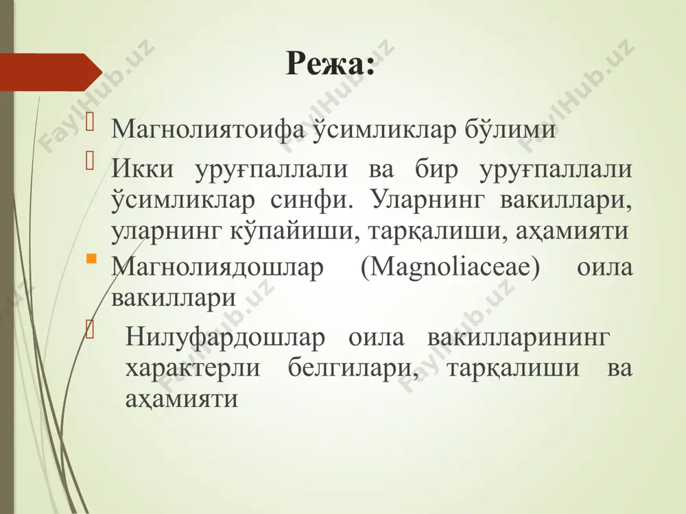 рехидеядошлар, ананасдошлар турли дарахтларда яшашга мослашиб, эпифит бўлиб қолган. эпифитлар - бошқа ўсимликларда паразитлик қилмай, уларнинг танасида яшайди, холос. бўлим.магнолиятоифа (magnoliophyta) ўсимликлар ёпиқ уруғлилар орасида, бошқа ўсимликлардан озиқ моддаларни сўриб оладиган ва шулар ҳисобига яшайдиганлари ҳам бор. дастлабки, ёпиқ уруғлилар (180 млн.) юра даврининг бошларида ёки триас даврининг оҳирида пайдо бўлган бўлиши мумкин, деган фаразлар бор. лекин, бўр даврининг ўрталарига келиб, ер шари ўсимликларининг таркибида кескин ўзгаишлар рўй берди, яъни ёпиқ уруғлилар пайдо бўлиб, ер юзида тез тарқала бошлаган. бу эса, кўпгина олимларни ҳайратда қолдирди. палеоботаник а.н.криштофович ёпиқ уруғлилар “кутилмаганда, тўсатдан пайдо бўлган ва бутун ер юзига қуюндек тарқалган” деган эди. бўлим.магнолиятоифа (magnoliophyta) ўсимликлар м.и.голенкин фикрича, бўр даврининг ўрталарида иқлим, намлик, қуёш нури кучсиз бўлган, бу эса ўз навбатида намни севадиган қирққулоқлар ва очиқ уруғлиларнинг ривожланиши учун шароит яратган. бўр даврида иқлим шароитининг кескин ўзгариши туфайли, бу флора қирилиб, уларнинг ўрнини қуруқликка, ёруғликка (нурга) мослашган гулли ўсимликлар эгаллай бошлаган. а.л.тахтаджян …