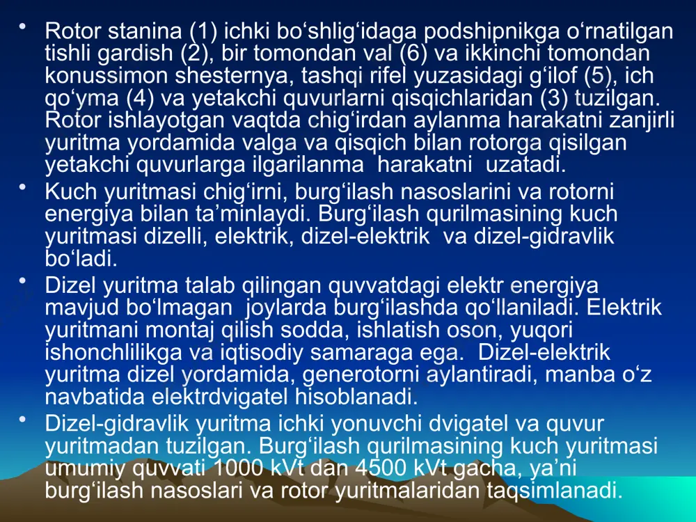 i boshlanishida turbinkalarni -statorlarni kuragiga tushadi, yо‘nalishini о‘zgartiradi va turbinkalarning va rotorning kuragiga tushadi, yana yо‘nalishini о‘zgartiradi. bunda paydo bо‘lgan radial kuchlarning ta’sirida turbinkalar – rotor orqali turbobur valini aylantiradi. sanoatda bir-seksiyali kо‘p pog‘onali turboburlar ishlab chiqariladi. bundan tashqari ikki, uch va tо‘rt seksiyali turboburlar ham ishlab chiqariladi, turbinalar soni mos ravishda 230, 270 va 280 ta bо‘ladi. kо‘p seksiyali turboburlar chuqur quduqlarni burg‘ilashda qо‘llaniladi. 3. turbinali burg‘ilash jarayonida burg‘ini aylantiruvchi asbob-uskunalar. turbinalarning ishi-valning aylanish chastotasi n, valning aylanish momenti m, quvvati n, bosimning tushishi δr va gidravlik foydalanish ish koeffitsiyenti η (f.i.k) bilan tavsiflanadi. turbinlarning tavsifini sxemalari 5.4-rasmda tasvirlangan. turbinlarning devoriy moslamada tekshirish tarxidan kо‘rinib turibdiki, m=f(nx) aylanish chastotasi bilan aylanish quvvati orasidagi bog‘lanish tо‘g‘ri chiziqga yaqindir. bunda aylanish chastotasining tezligini oshishi bilan aylanish quvvati pasayib boradi. turbinning ishlash tartibi ikkita: tormozli, ya’ni h=0 bо‘lganda, m-maksimal kattalikga, maksimal qiymat teng bо‘lganda m=0 qiymatga teng bо‘ladi. birinchi holatda turbin valiga …