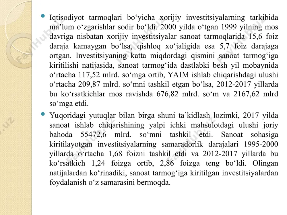 stunlikka ega 1/5 7 a bdan yetarlicha kuchli ustunlikka ega 1/7 9 a bdan mutlaq ustunlikka ega 1/9 2,4,6,8 a ning b dan ustunligi yuqoridagi holatlarning orasida 1/2, 1/4, 1/6, 1/8 qashqadaryo viloyati tuman(shahar)lari uchun istiqbolda xorijiy investitsiyalarni jalb qilinishi mumkin bo‘lgan sohalarning ustuvorlik matritsasi va “o‘sish nuqta”lari [1]. tuman (shahar)lar sanoat qishloq xo‘jaligi xizmat ko‘rsatish turizm o‘sish nuqtalari g‘uzor 0,382 0,294 0,234 0,090 neft-gaz sanoati uchun butlovchi va ehtiyot qismlar ishlab chiqarish, soya etishtirish, parrandachilik va chorvachilik dehqonobod 0,334 0,321 0,265 0,080 qurilish materiallari, tog‘ oldi bog‘dorchiligi, chorvachilik, pista va kovrak etishtirish qamashi 0,341 0,372 0,197 0,090 bog‘dorchilik, issiqxona xo‘jaligi, qurilish materiallari qarshi t. 0,443 0,335 0,139 0,083 to‘qimachilik, issiqxona xo‘jaligi, bog‘dorchilik va parrandachilik koson 0,245 0,418 0,197 0,140 chorvachilik, issiqxona xo‘jaligi, oziq-ovqat sanoati, terini qayta ishlash sanoati kitob 0,310 0,192 0,126 0,372 turizm, qurilish materiallari, vinochilik sanoati mirishkor 0,329 0,424 0,157 0,090 chorvachilik, baliqchilik, to‘qimachilik, terini qayta ishlash …